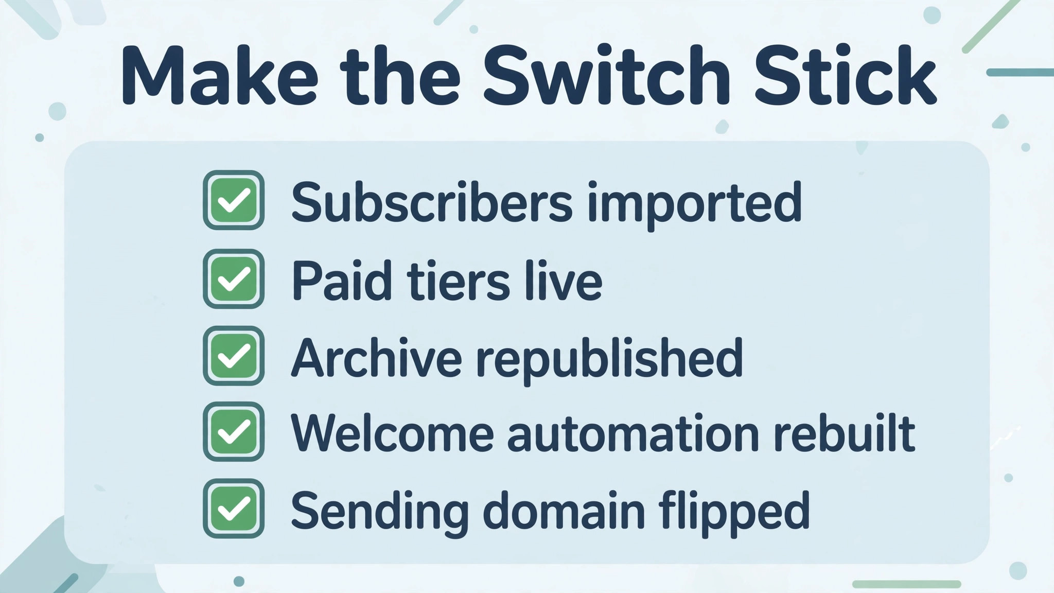 Substack to Beehiiv checklist visual for a newsletter creators