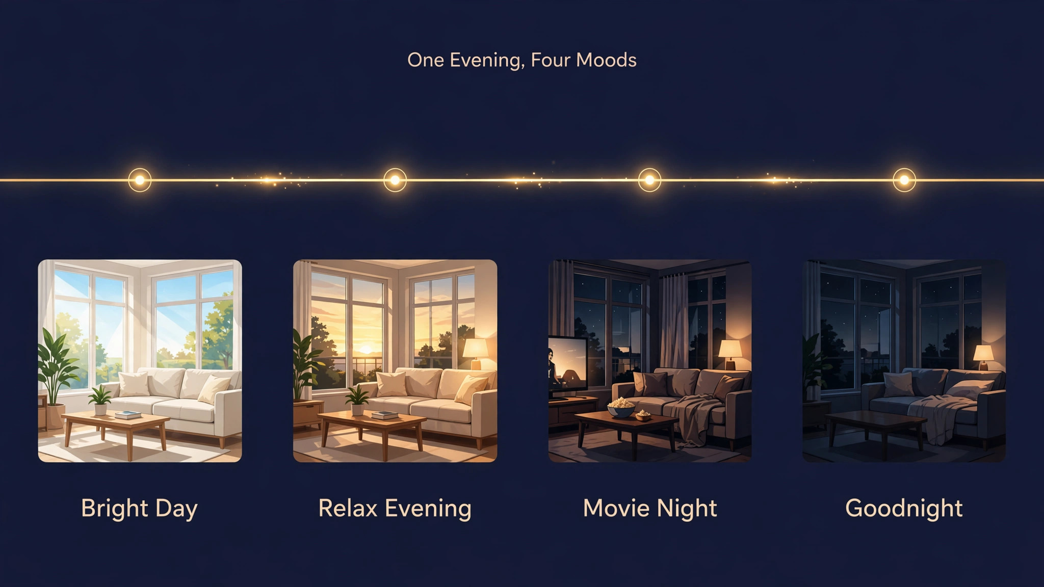 Evening timeline from bright day through relax to goodnight scenes