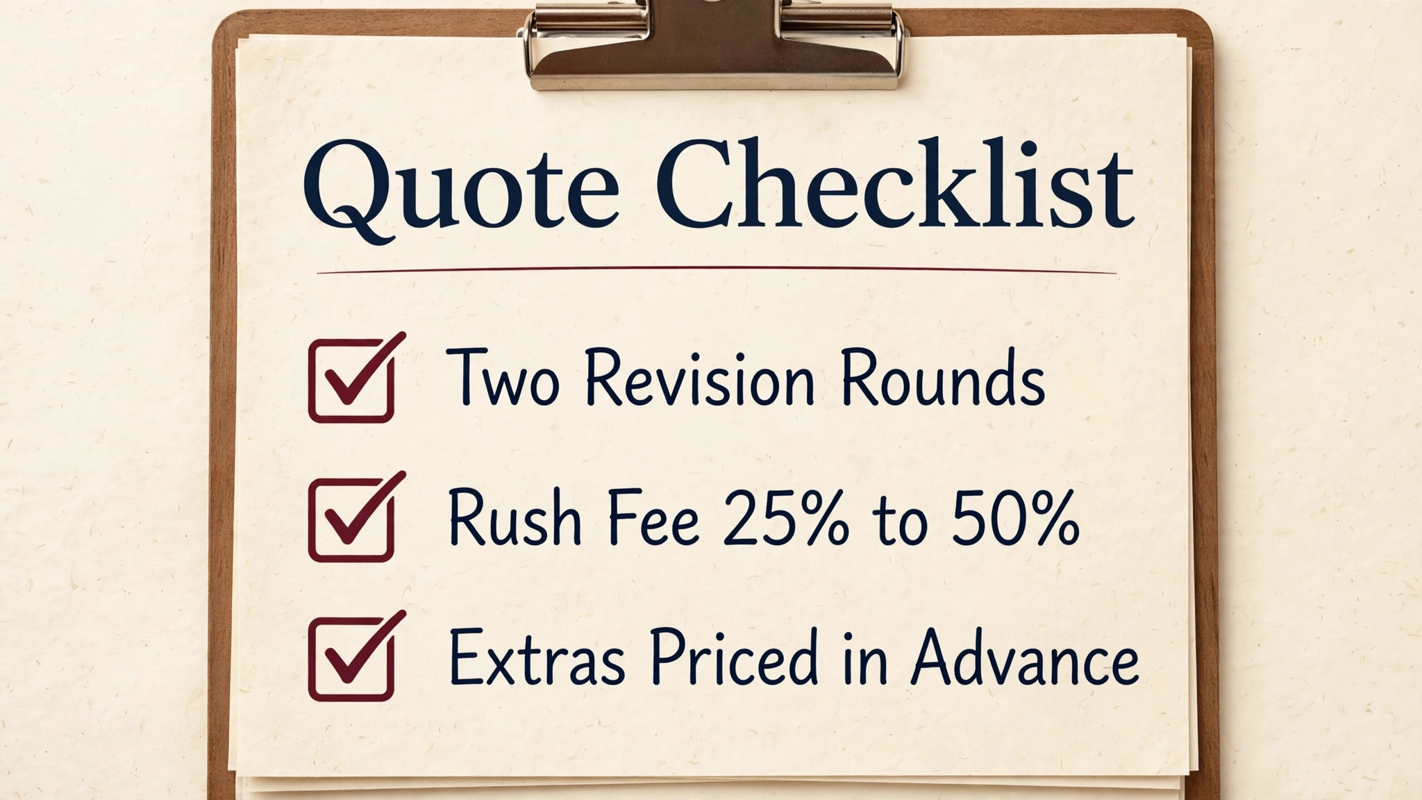 Checklist visual for revision rounds rush fees and extras in a writing quote