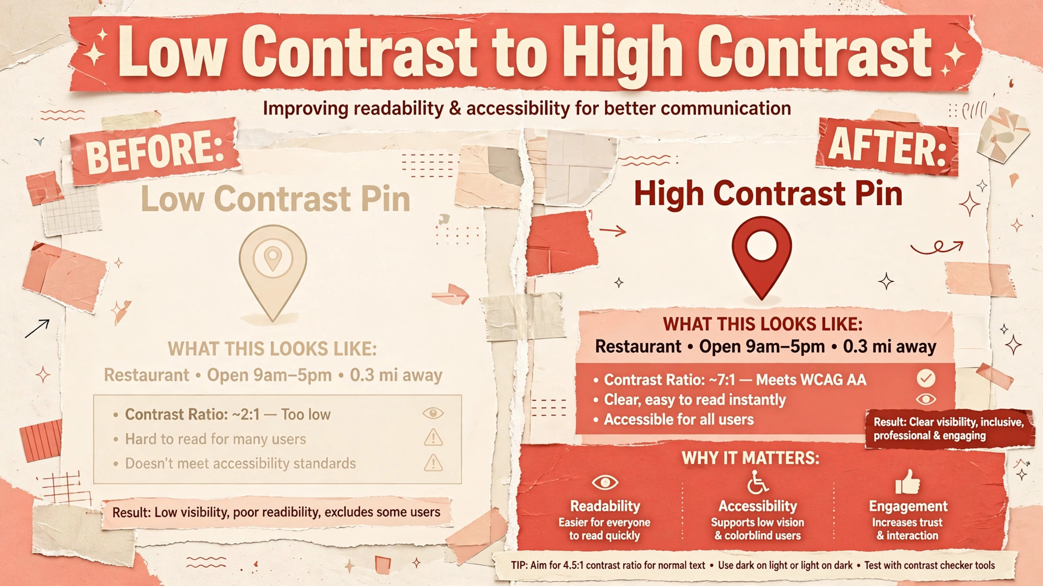 Low contrast pin before and high contrast pin after