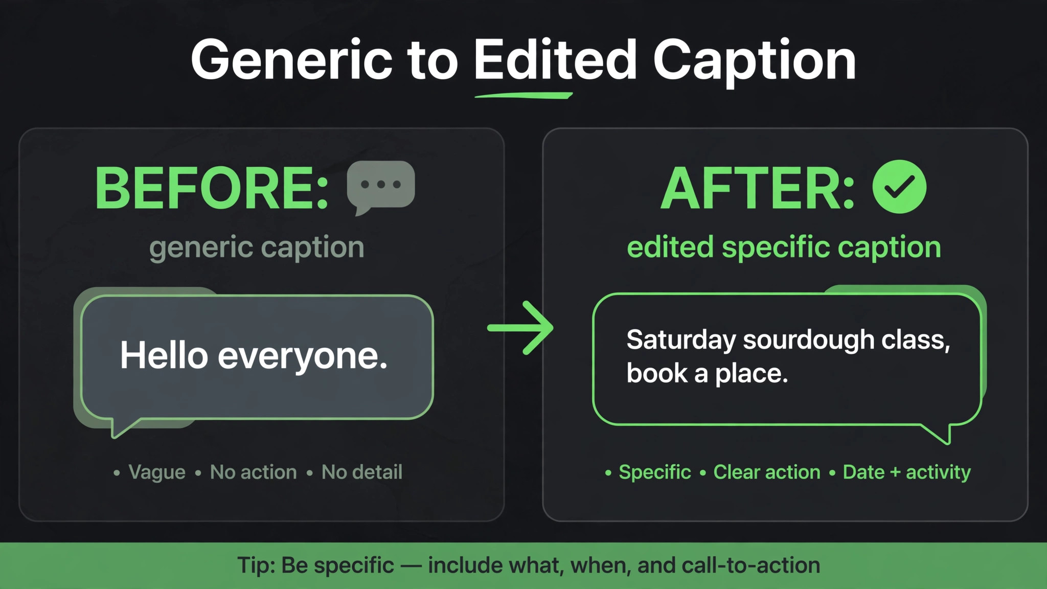 Generic caption before and edited caption after