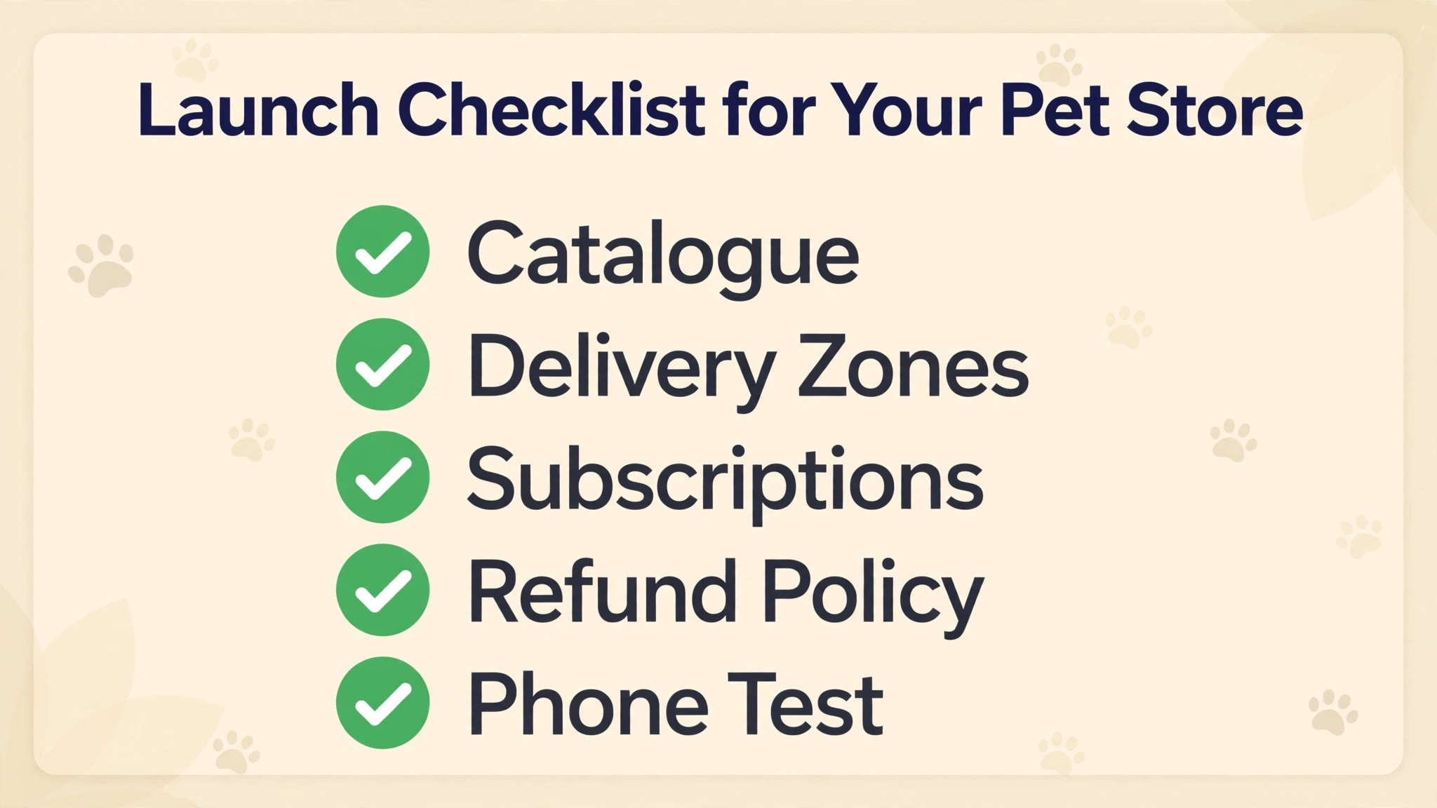 Ticked launch checklist for a pet store online ordering setup
