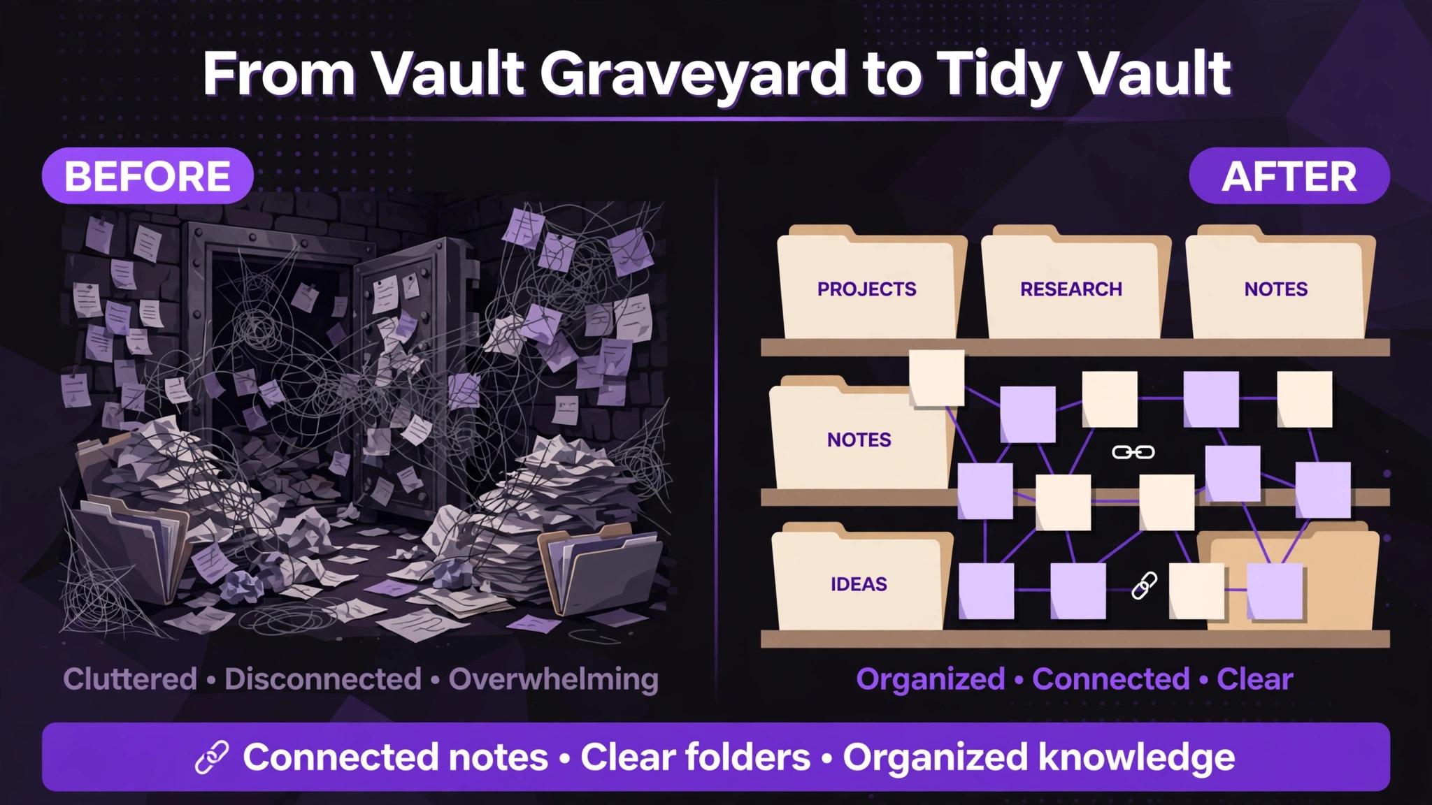Cluttered vault before cleanup and tidy vault after