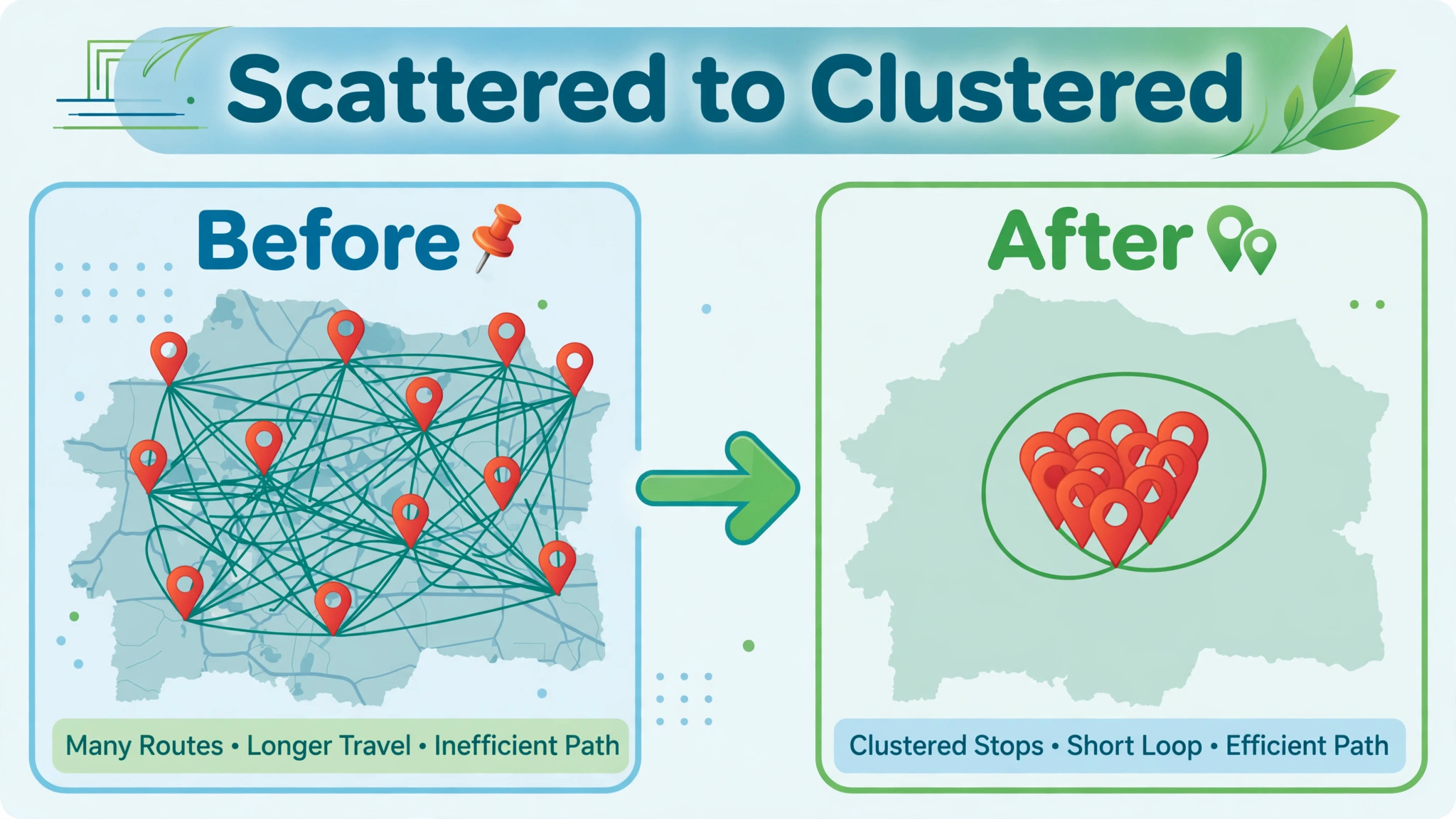 Scattered route map beside a tight clustered route map
