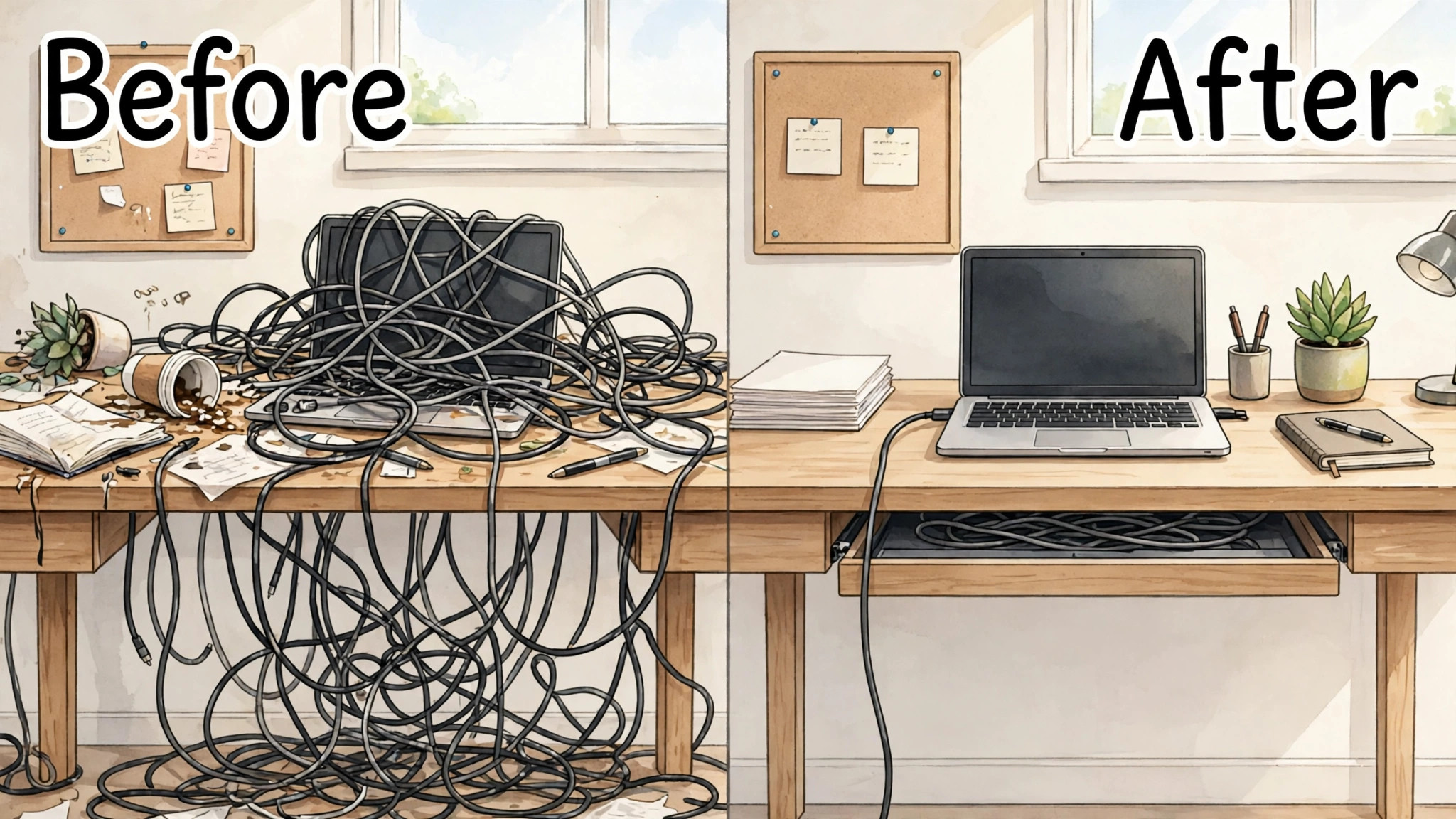Before and after view of a tidy single cable desk