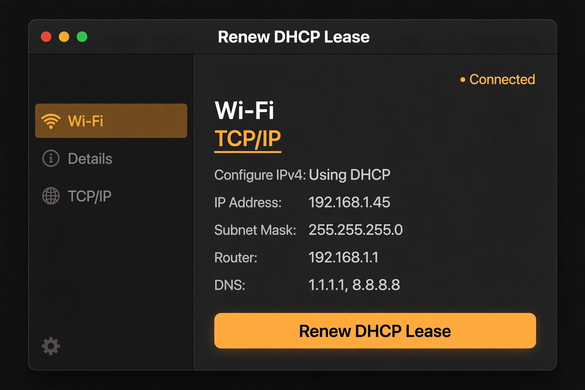 Screenshot of renew DHCP lease settings on MacBook