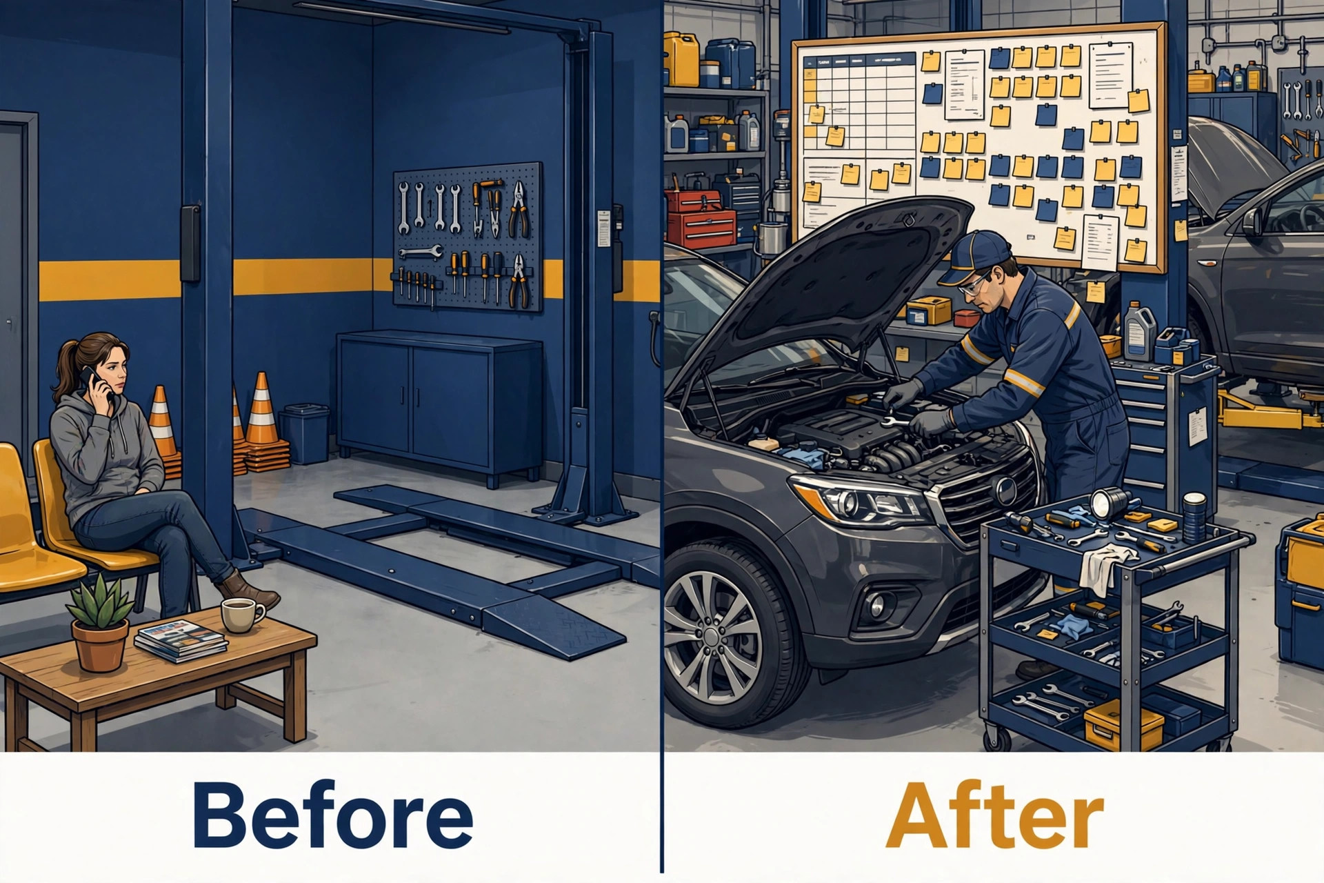 before/after image illustrating a key idea for a auto repair shop