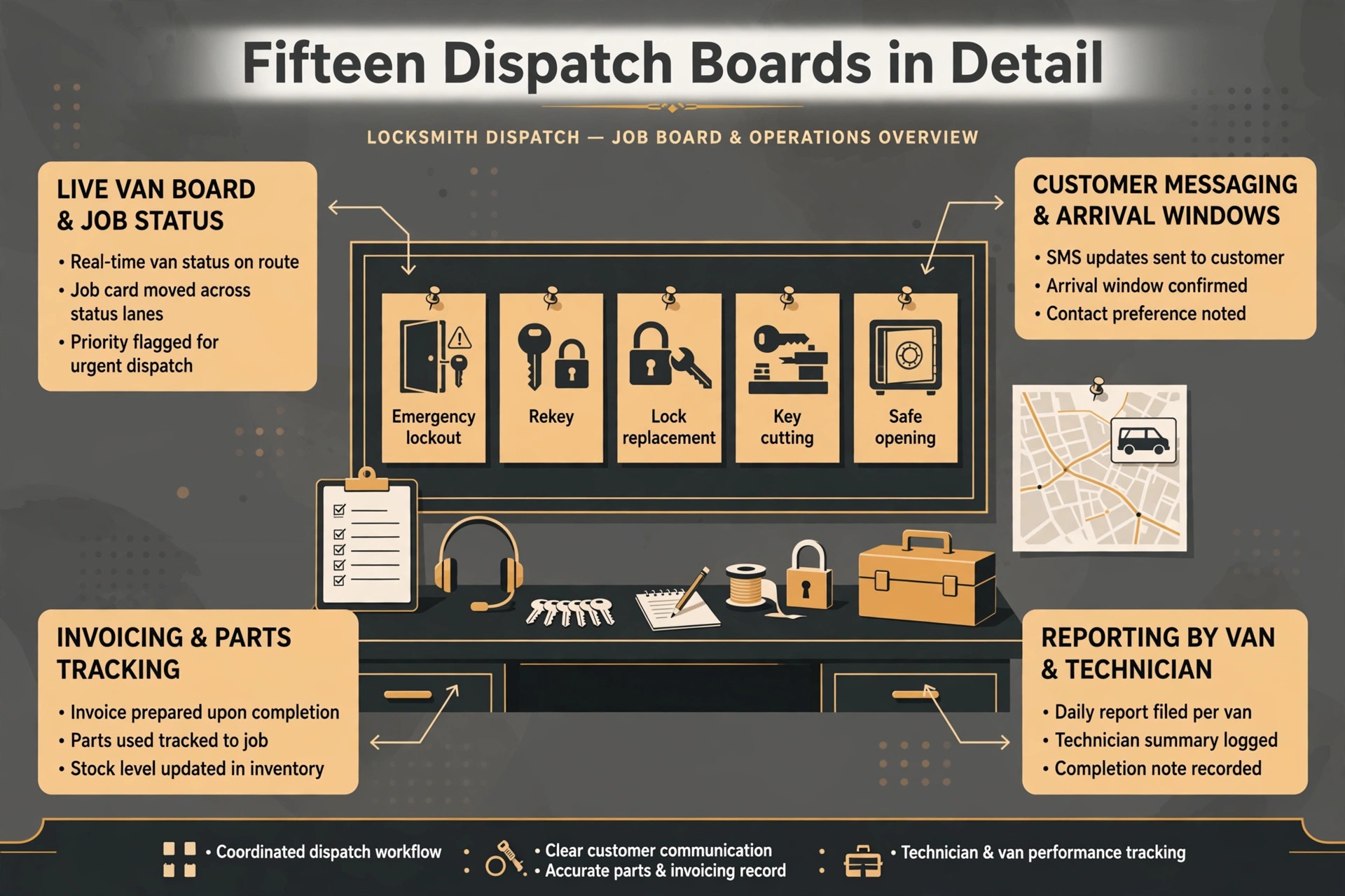 annotated visual explaining locksmith dispatch board features.