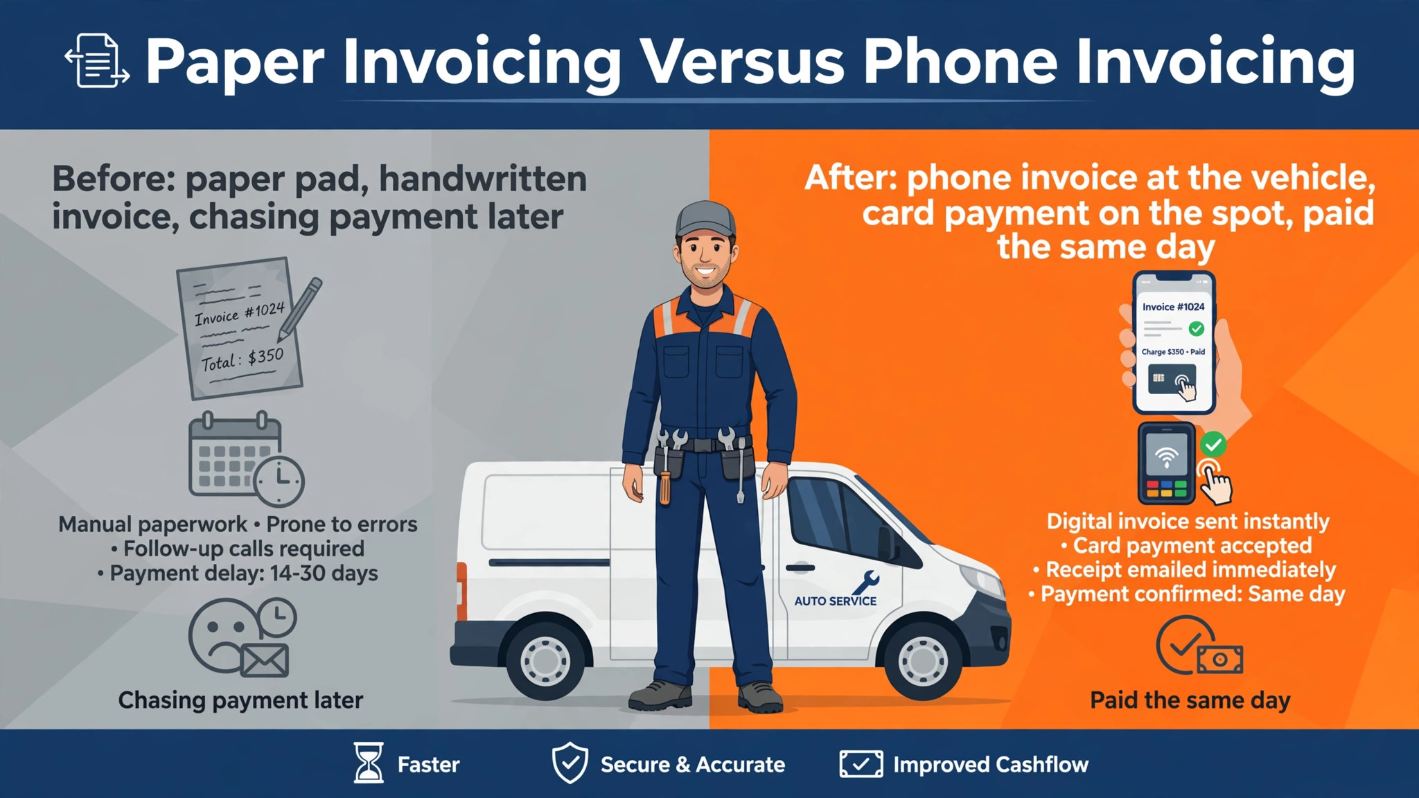 before and after visual for paper invoicing versus phone invoicing.