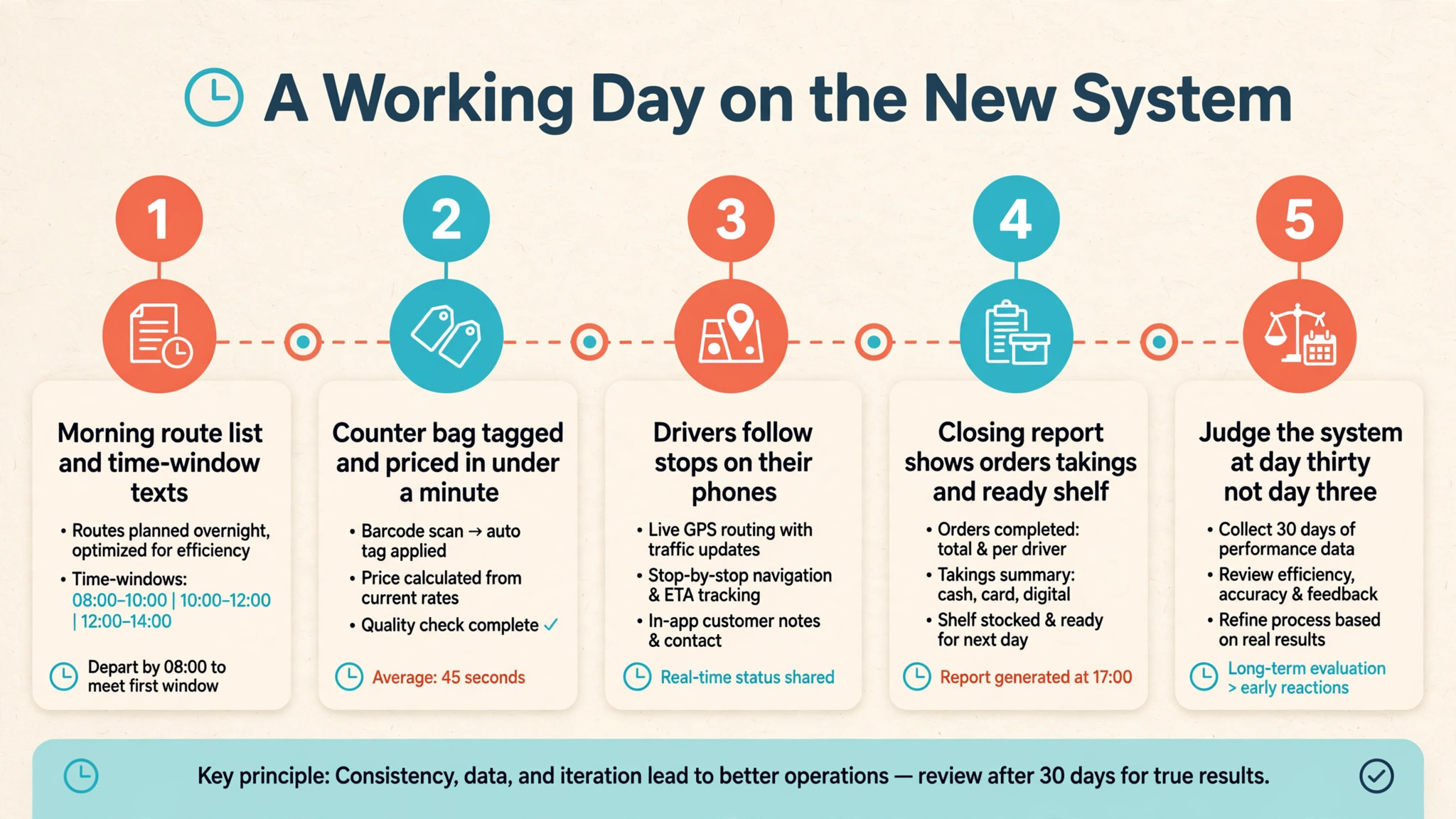 timeline visual for a working day on the new system.