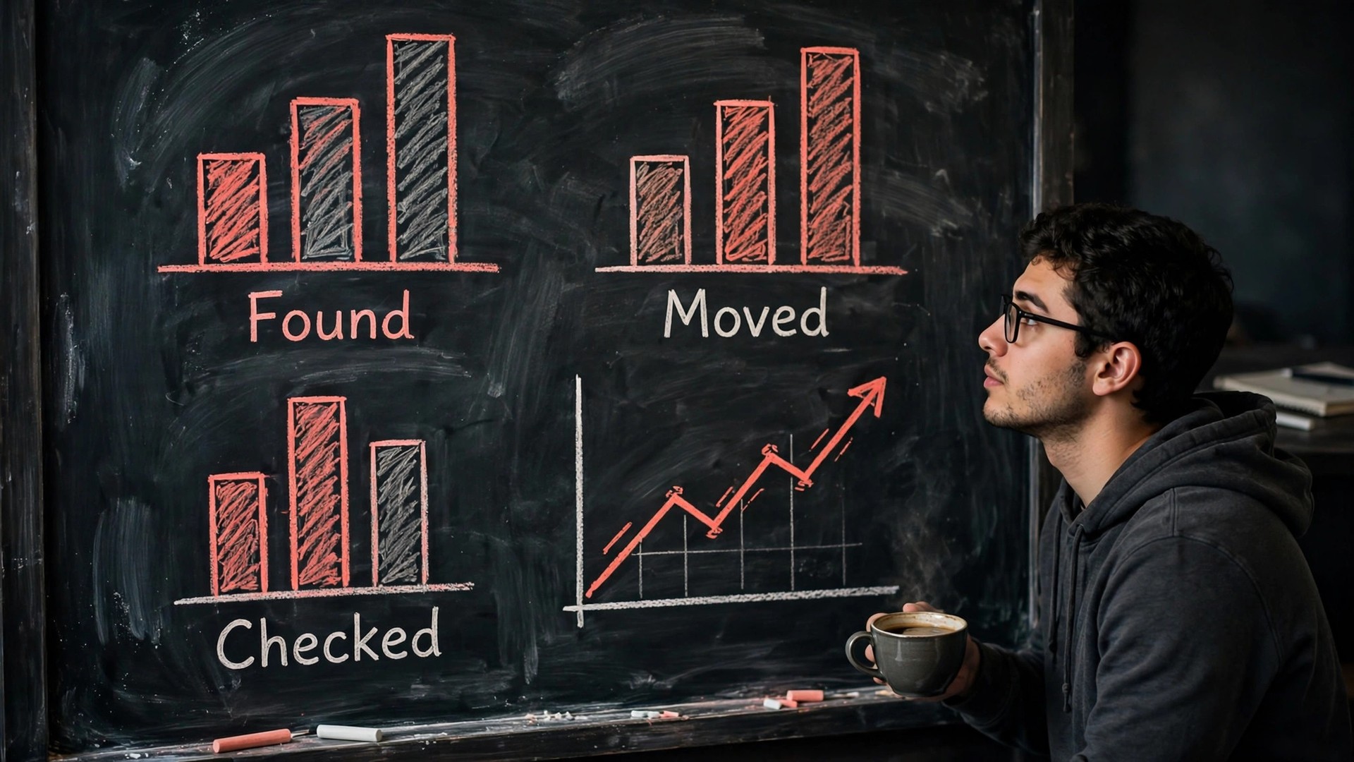 Developer studying a chalk dashboard of rising bar charts labelled Found, Moved and Checked, with no numbers on the axes