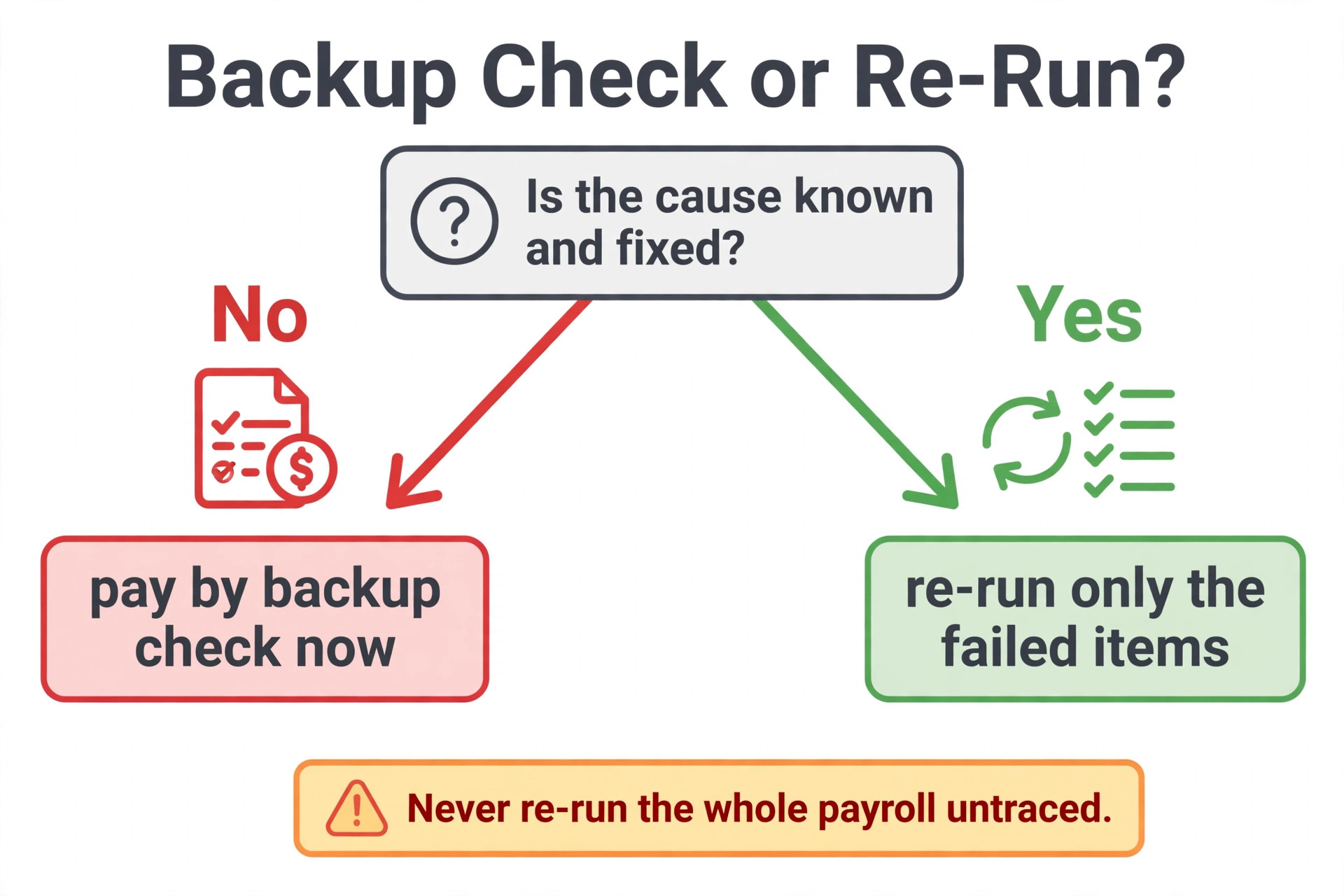 decision visual for paying by backup or re running a failed deposit.