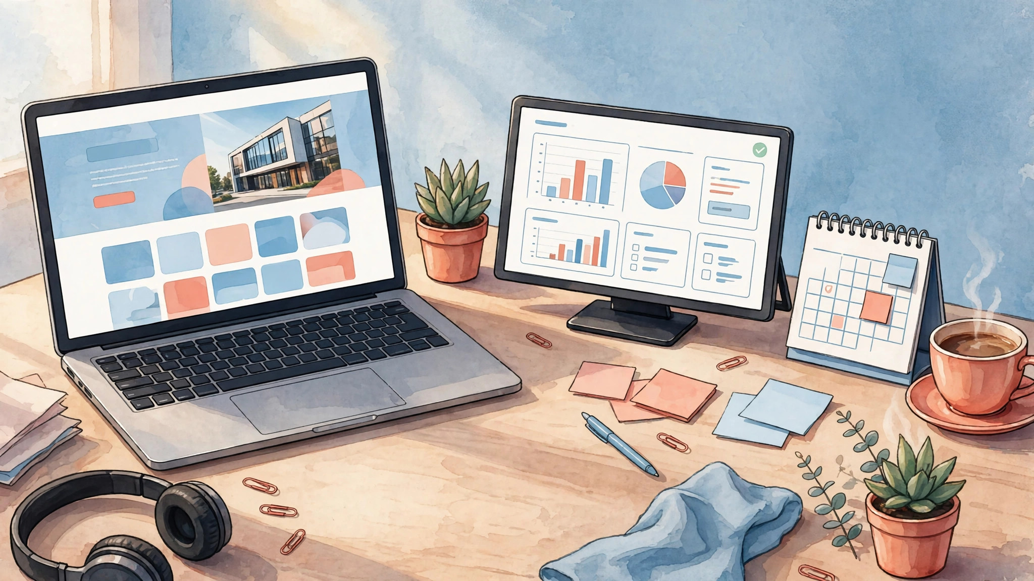 Rep desk before a demo with a prospect website on a laptop, a tested demo screen, an intake summary, and a buffer block on a calendar