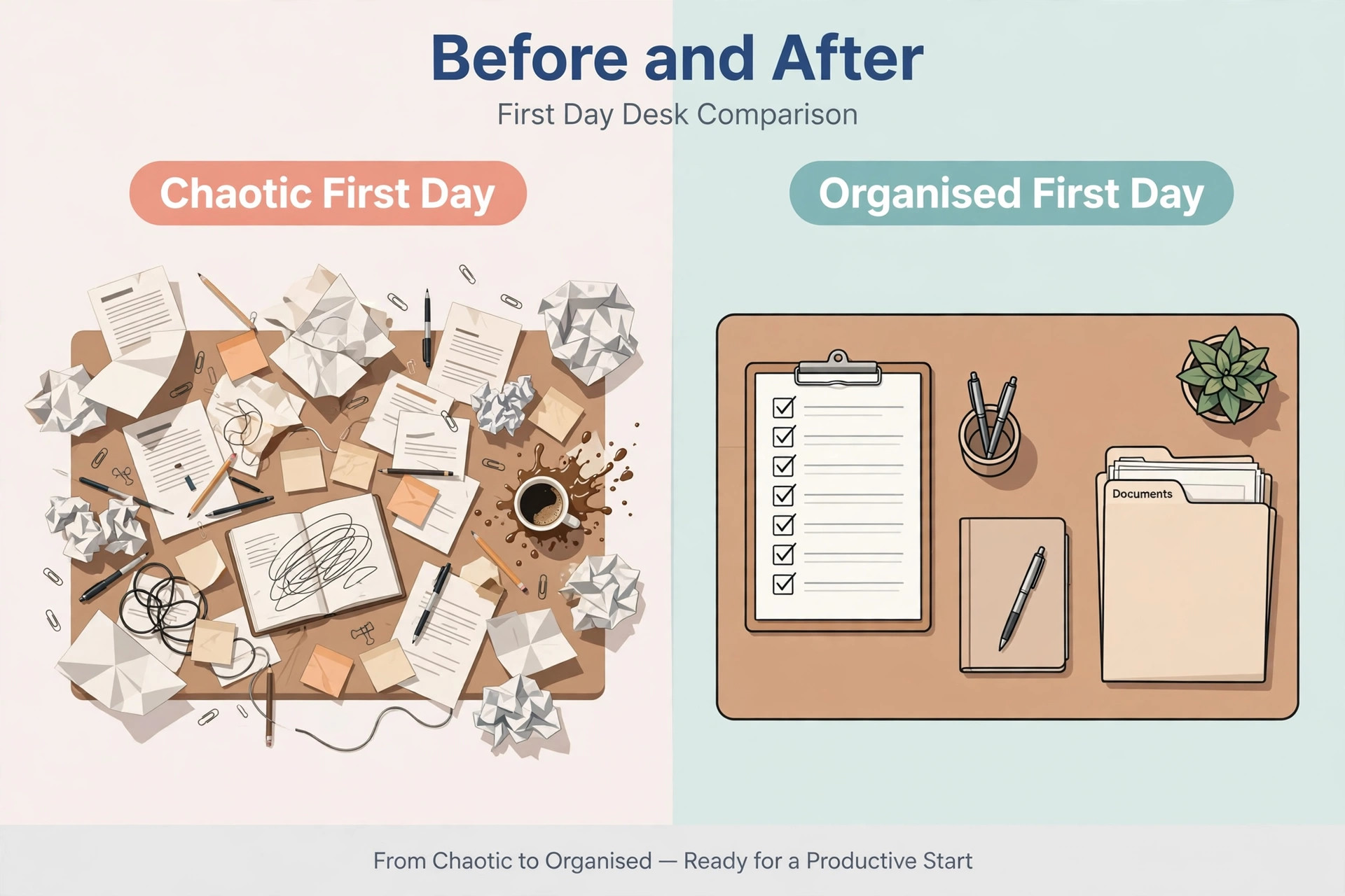 Before and after view of a chaotic first day and an organised first day.