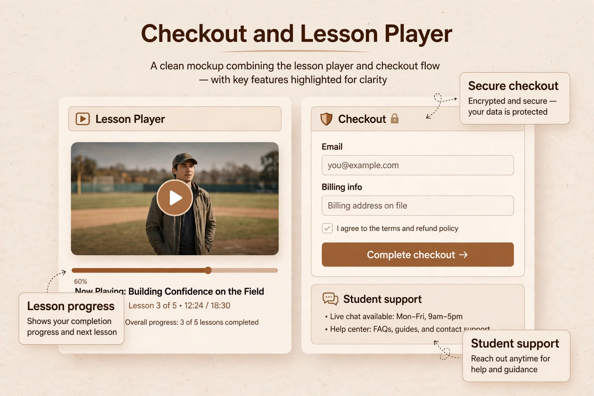 annotated screenshot of a coach course checkout and lesson player.