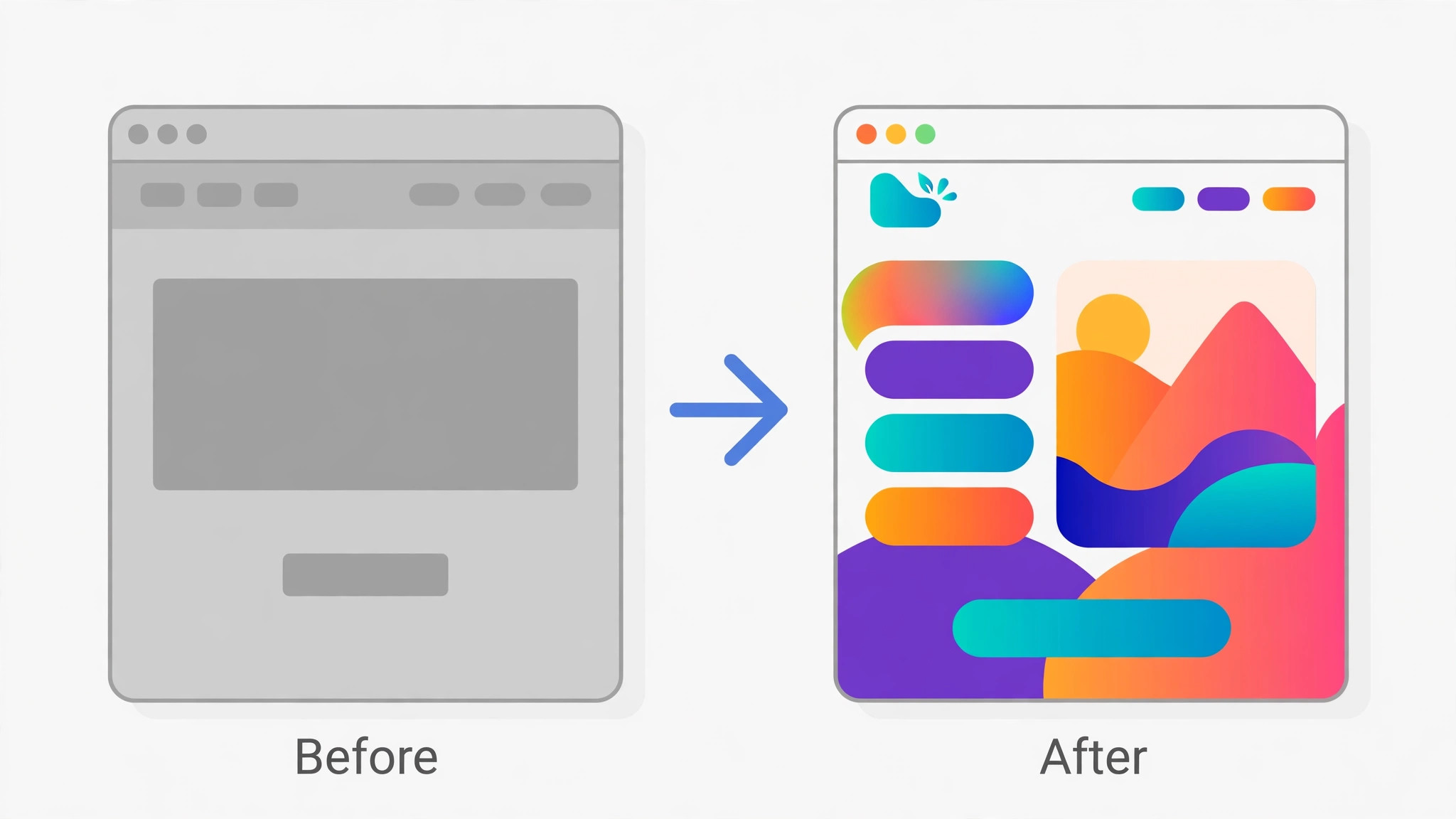 Plain landing page before design compared with a polished page after design