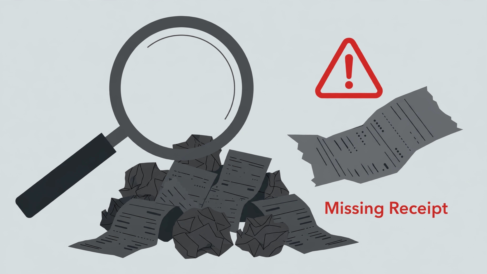 Magnifying glass over crumpled receipts with a missing receipt warning