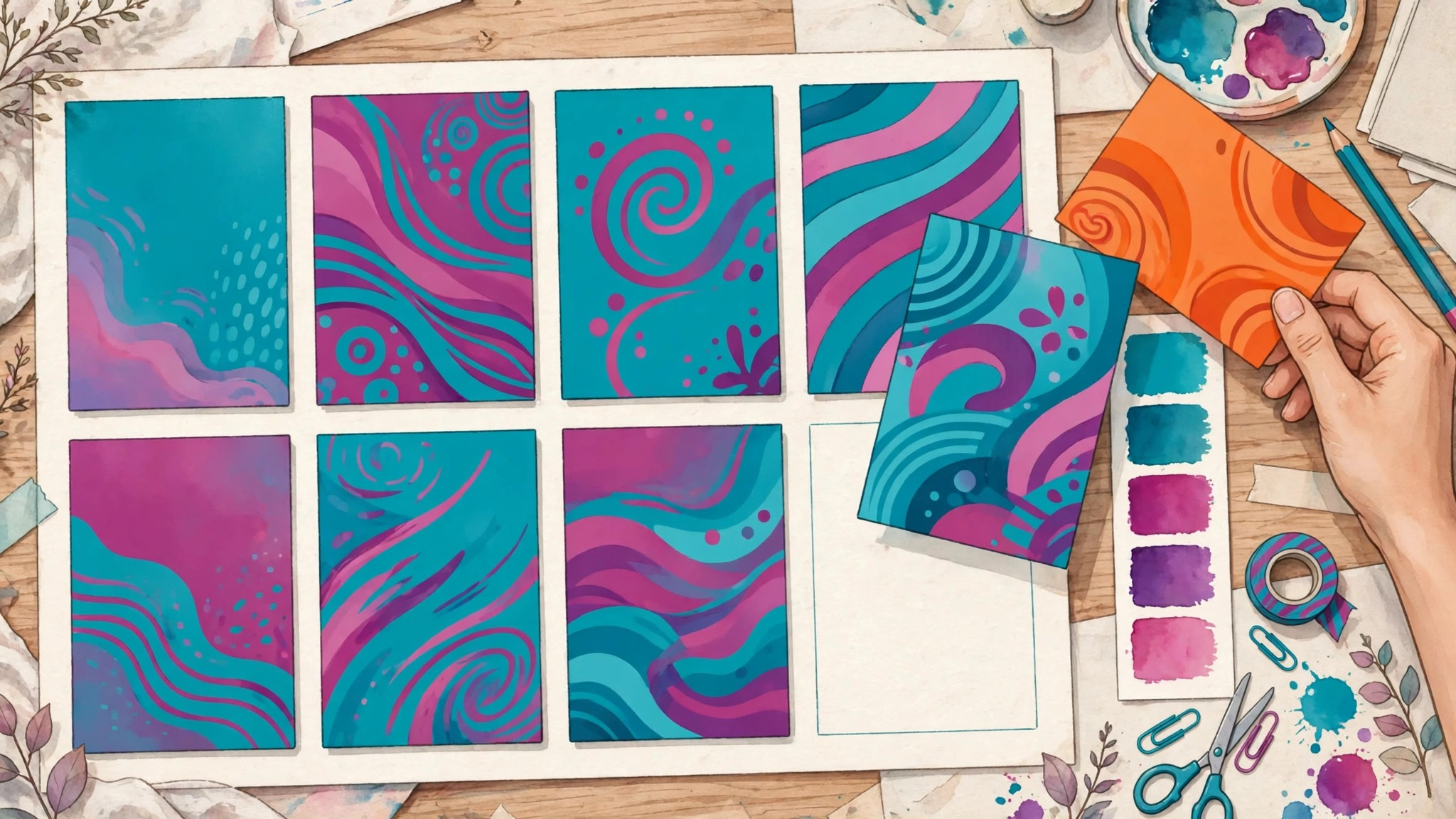 Grid of social posts on a desk with an orange clashing card being lifted out and replaced with a matching teal and magenta card