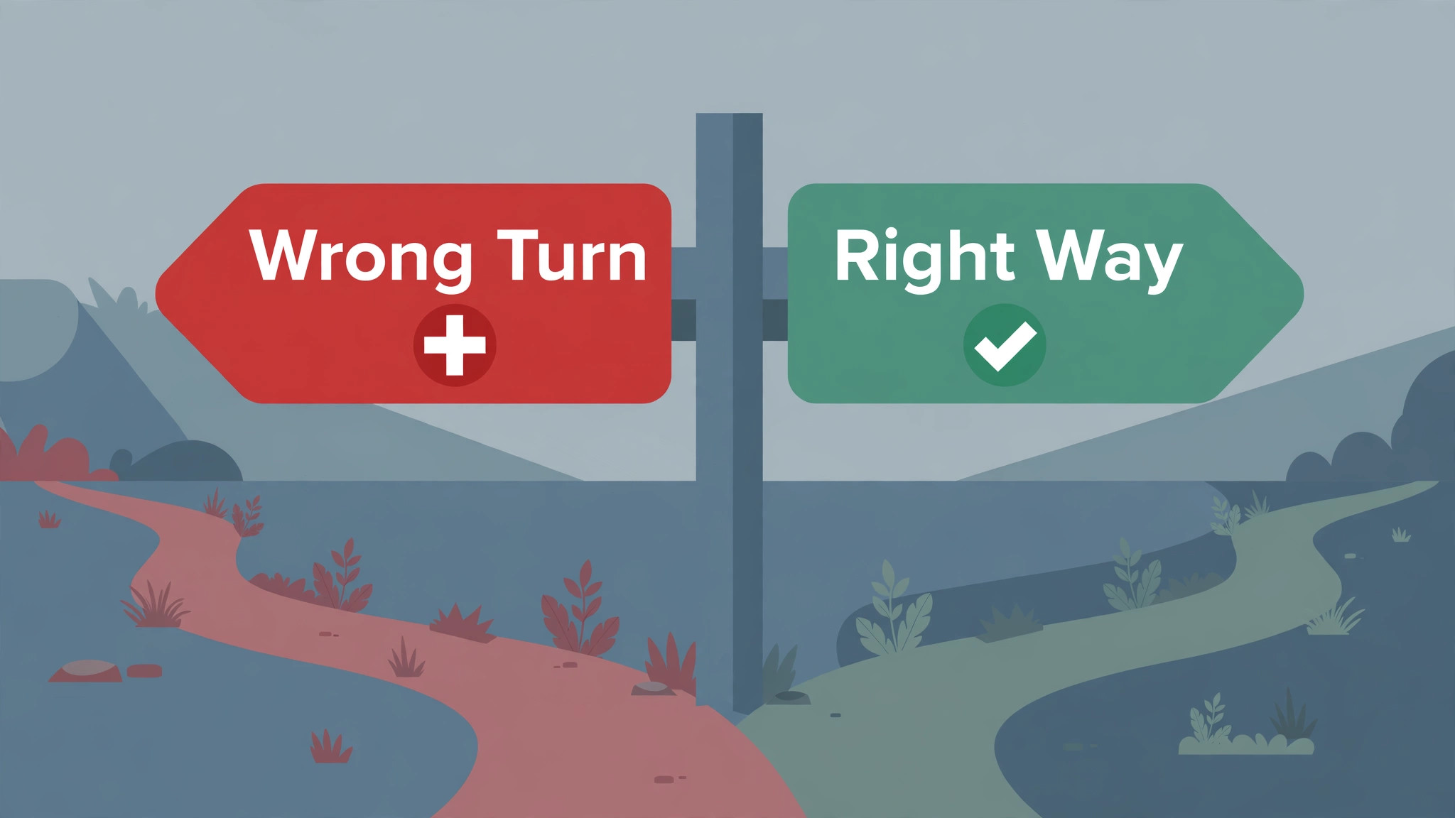 Signpost showing the wrong turn and the right way for freelance project tracking