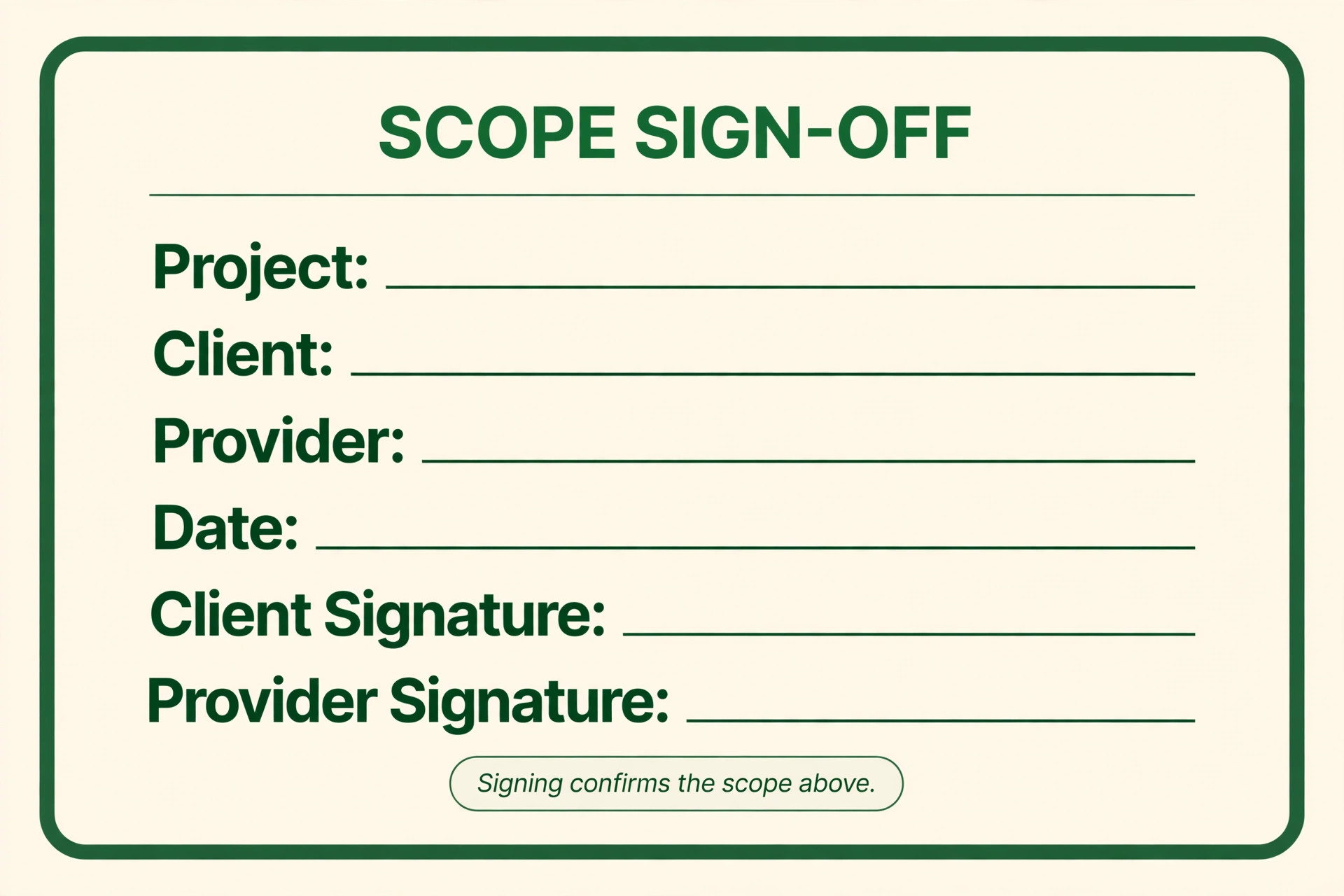 A screenshot of a scope sign off block.