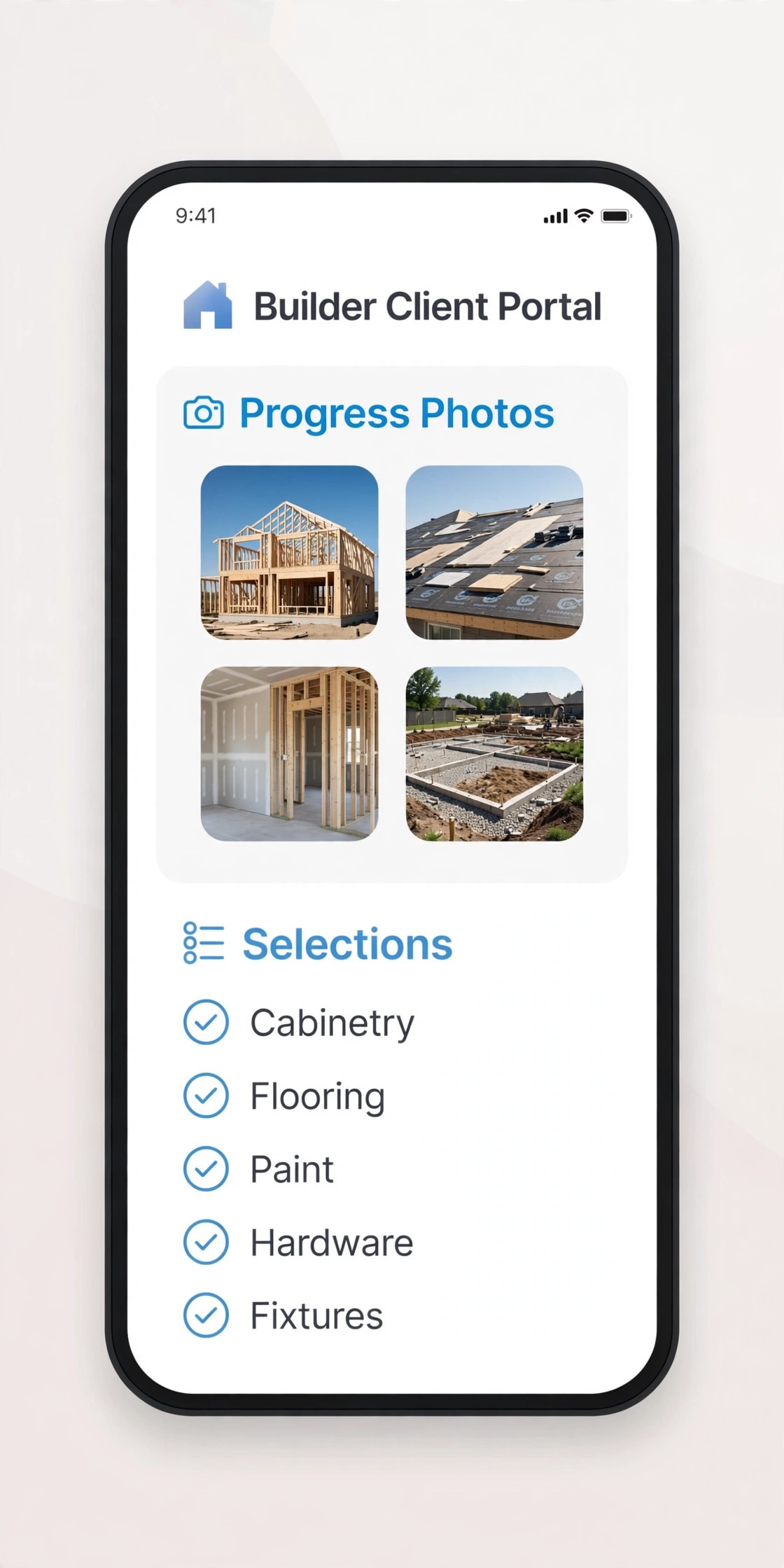 phone mockup of a builder client portal