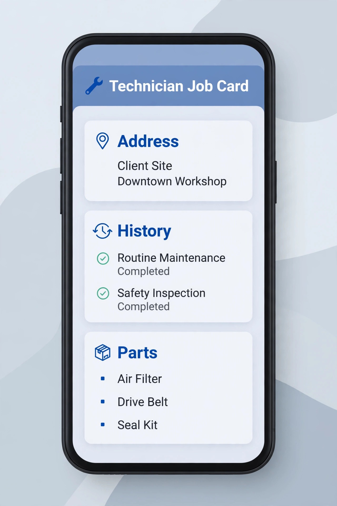 phone mockup of an HVAC technician job card