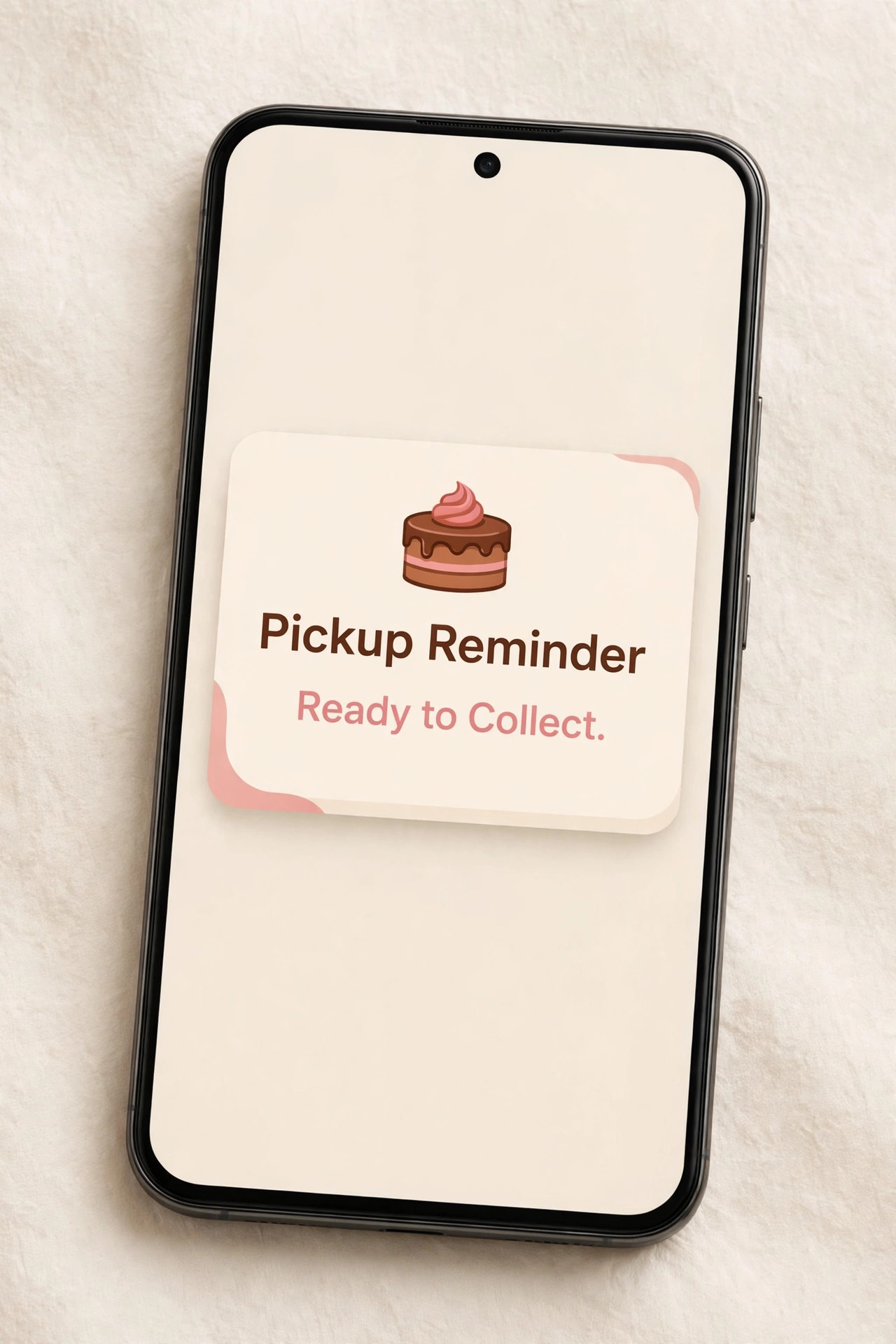 Phone mockup of a bakery cake pickup reminder
