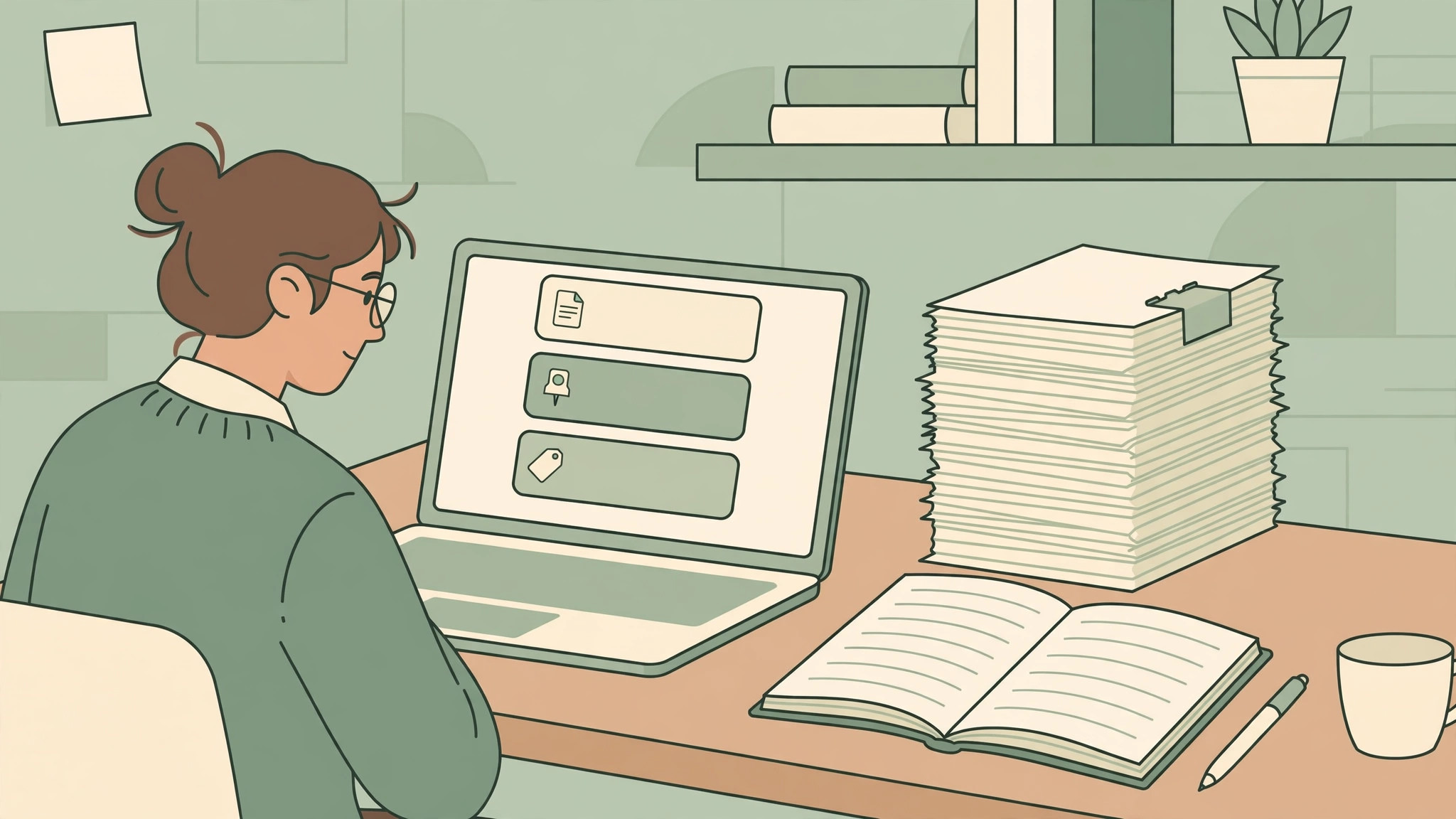 Researcher working through academic sources at a desk with a paper stack