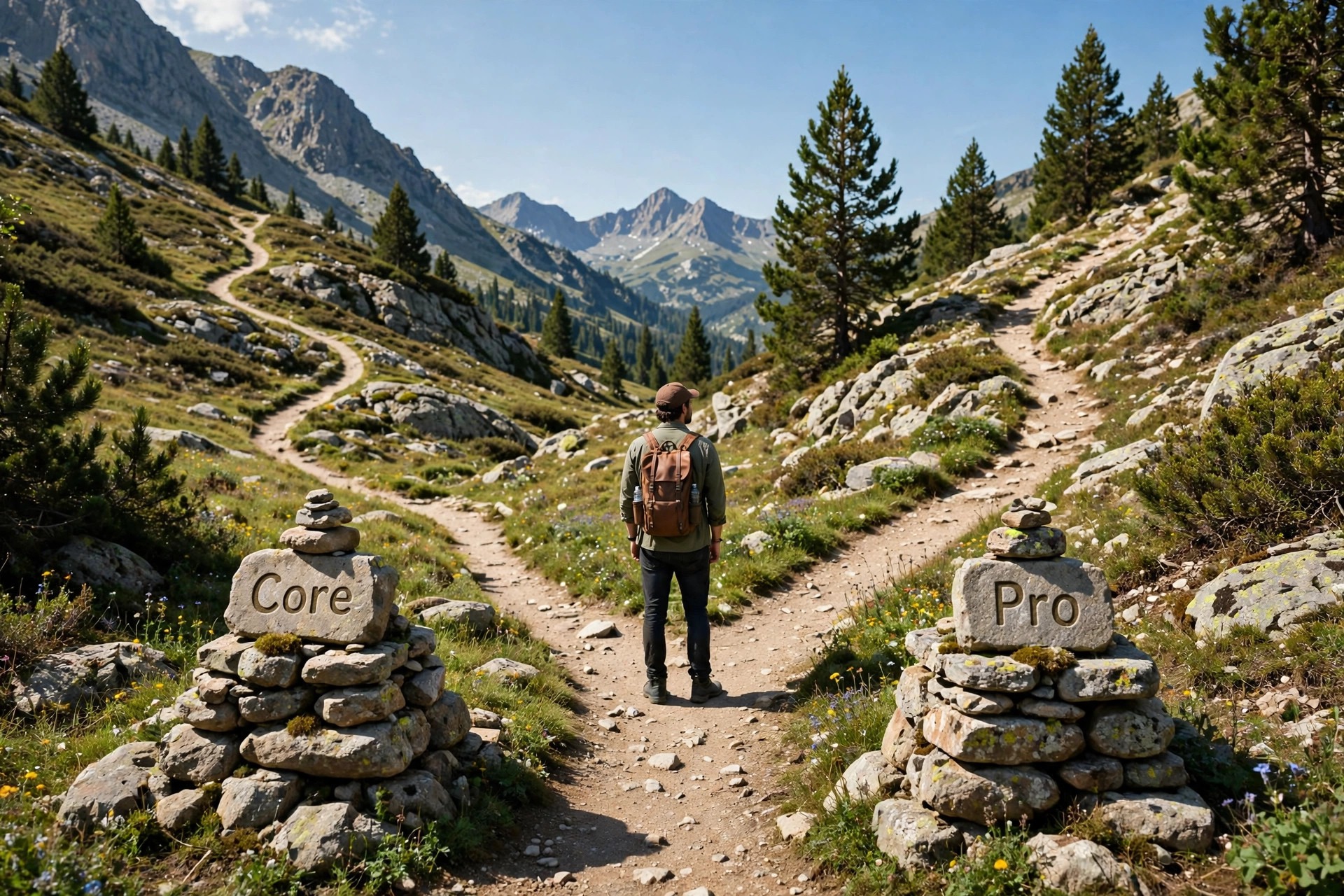 Decision concept. A forked path sign with Core on one branch and Pro on the other