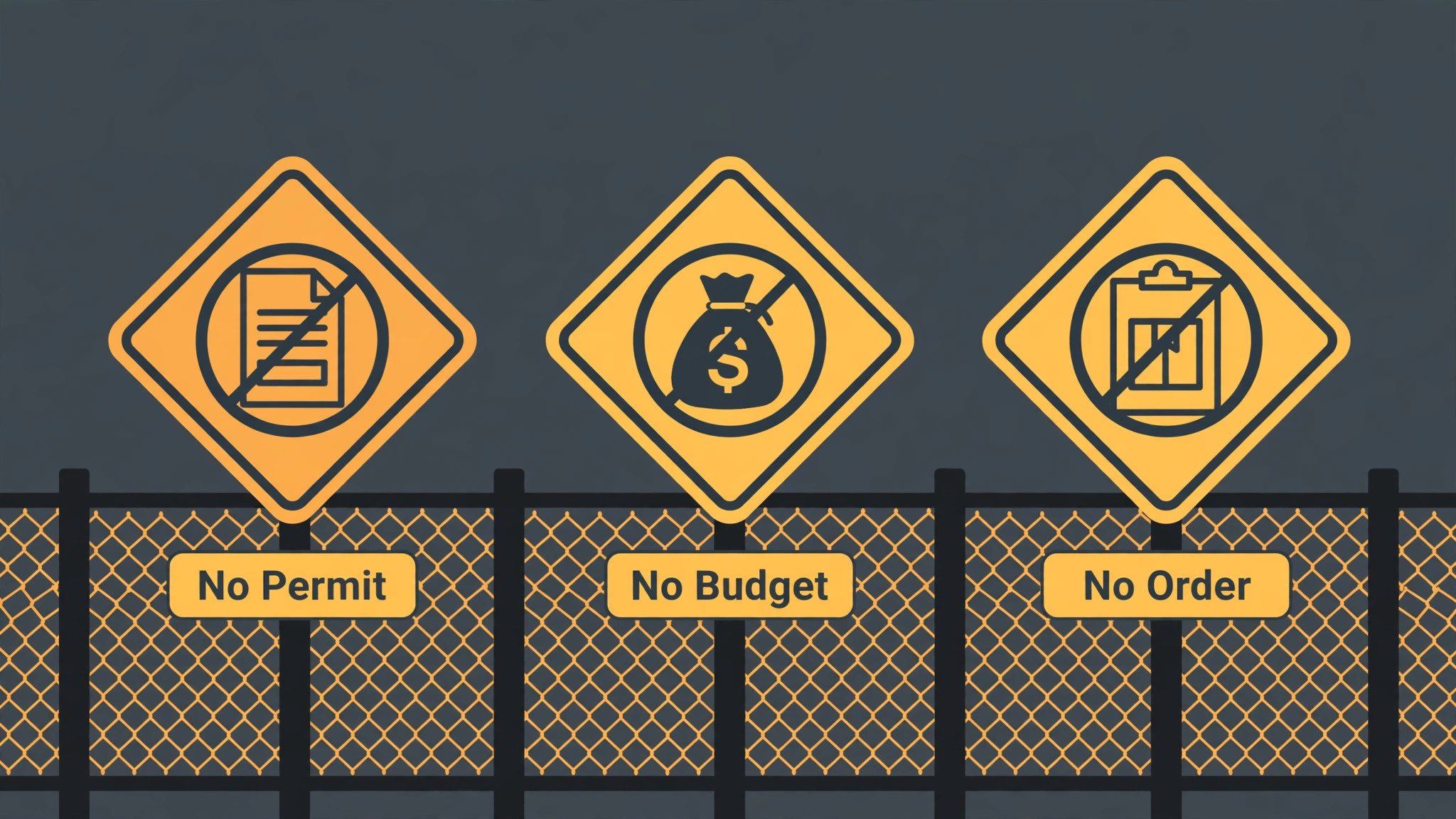 Warning signs on a site fence for no permit, no budget and no order