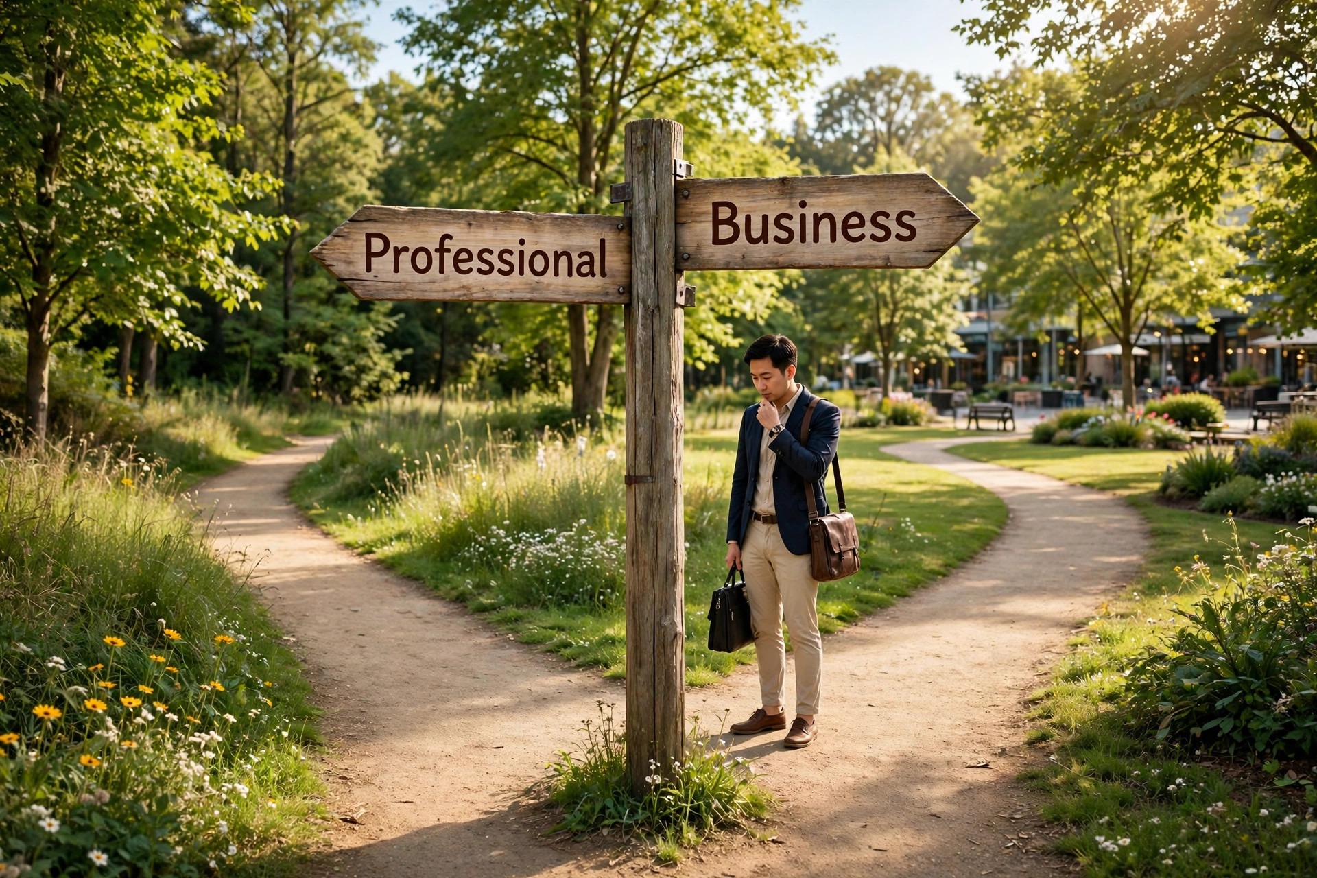 Decision concept. A forked path sign with Professional on one branch and Business on the other