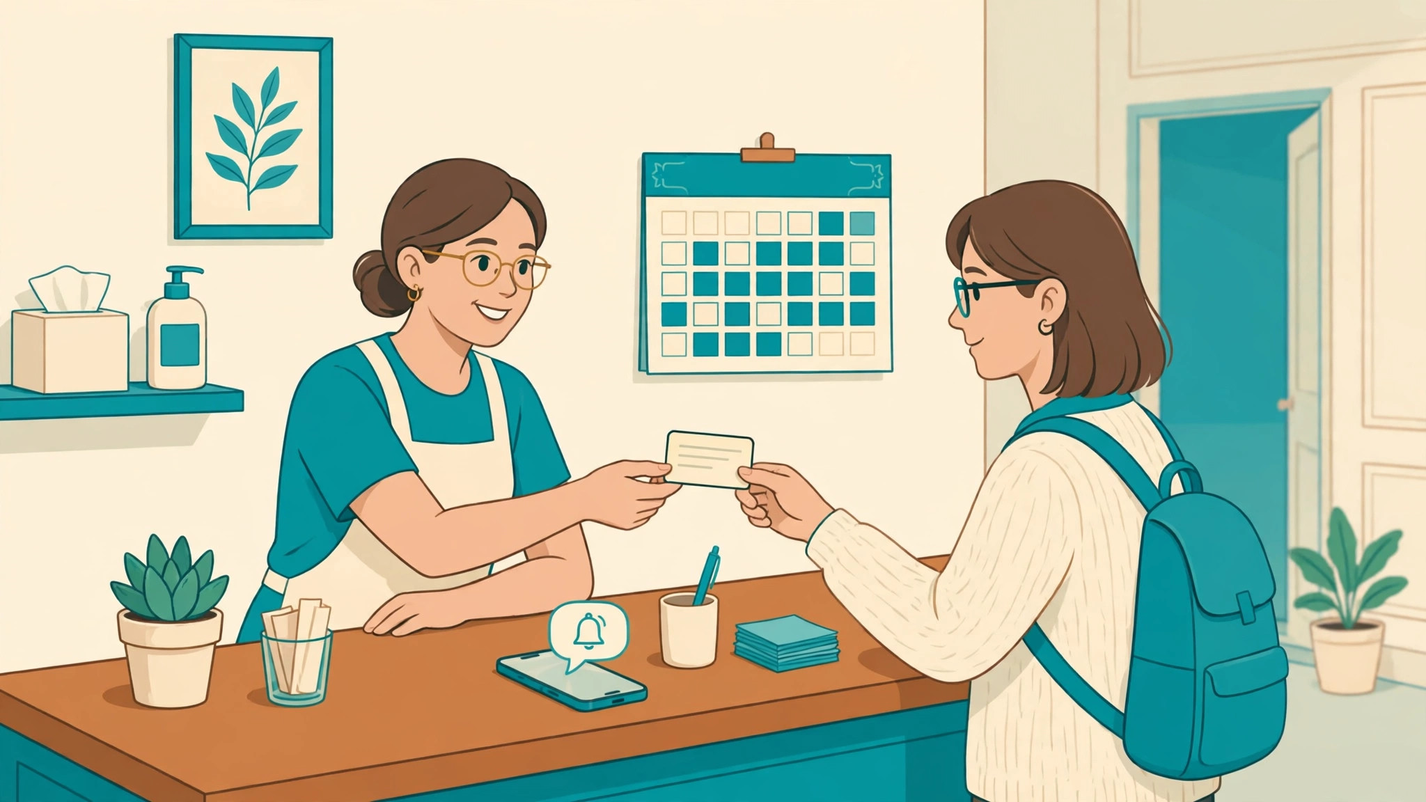 Receptionist handing a patient an appointment card at a clinic desk