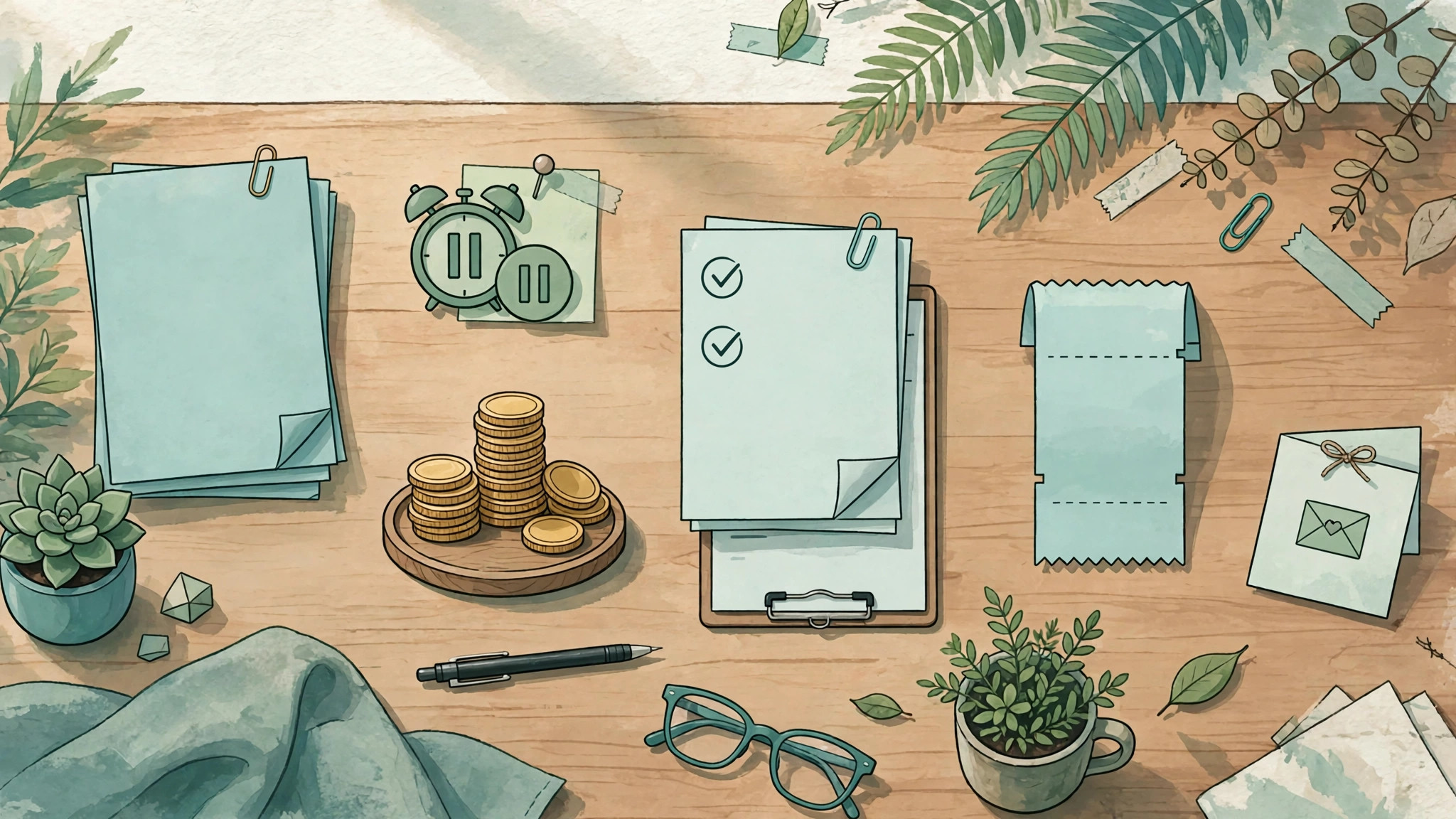 Freelancer desk showing a paused reminder, a partial payment coin stack, a corrected invoice, and a receipt with a thank-you card