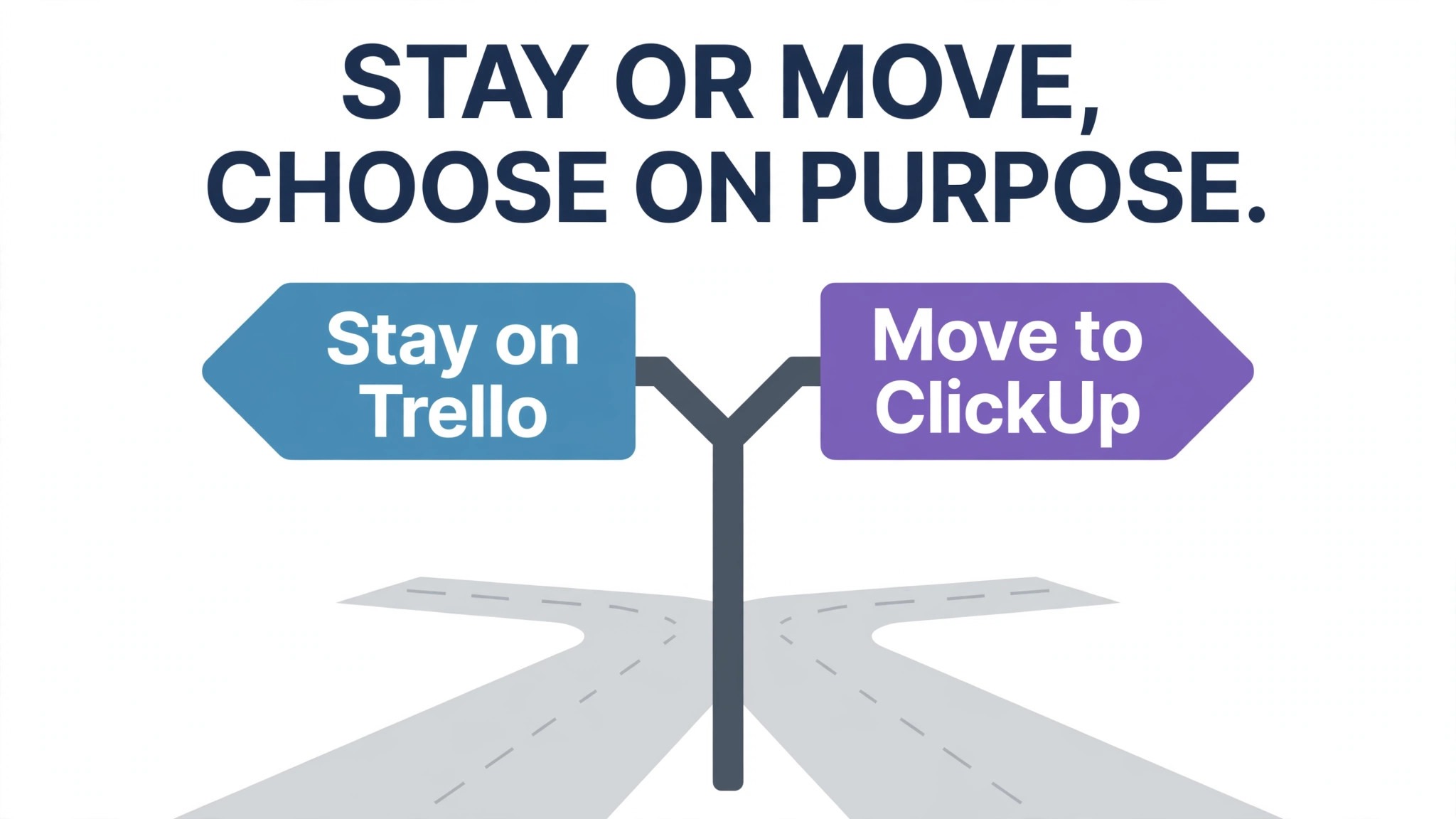 Decision concept. A forked path sign with staying on Trello on one branch and moving to ClickUp on the other