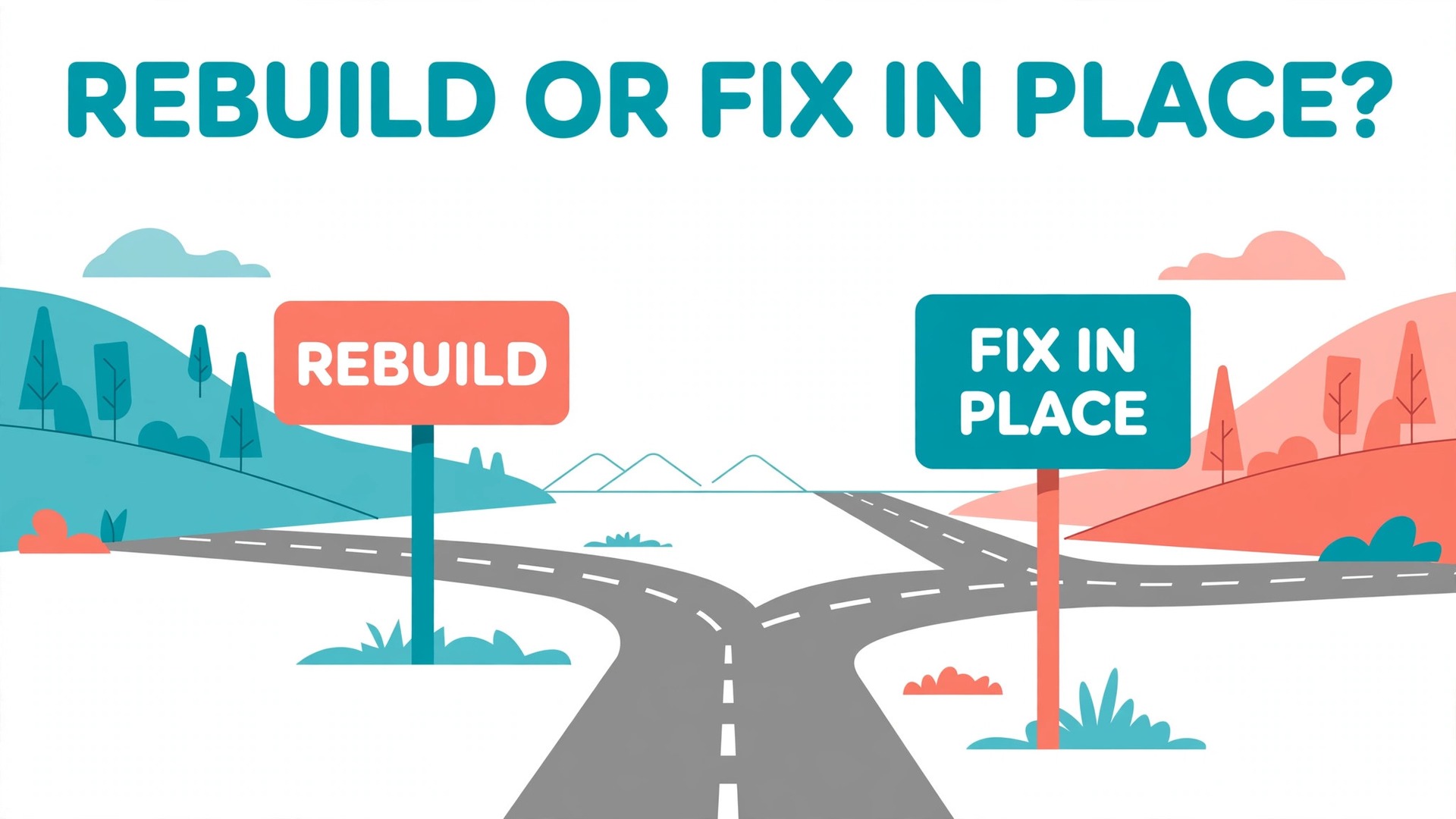 Decision concept. A forked road with a rebuild sign on one branch and a fix in place sign on the other