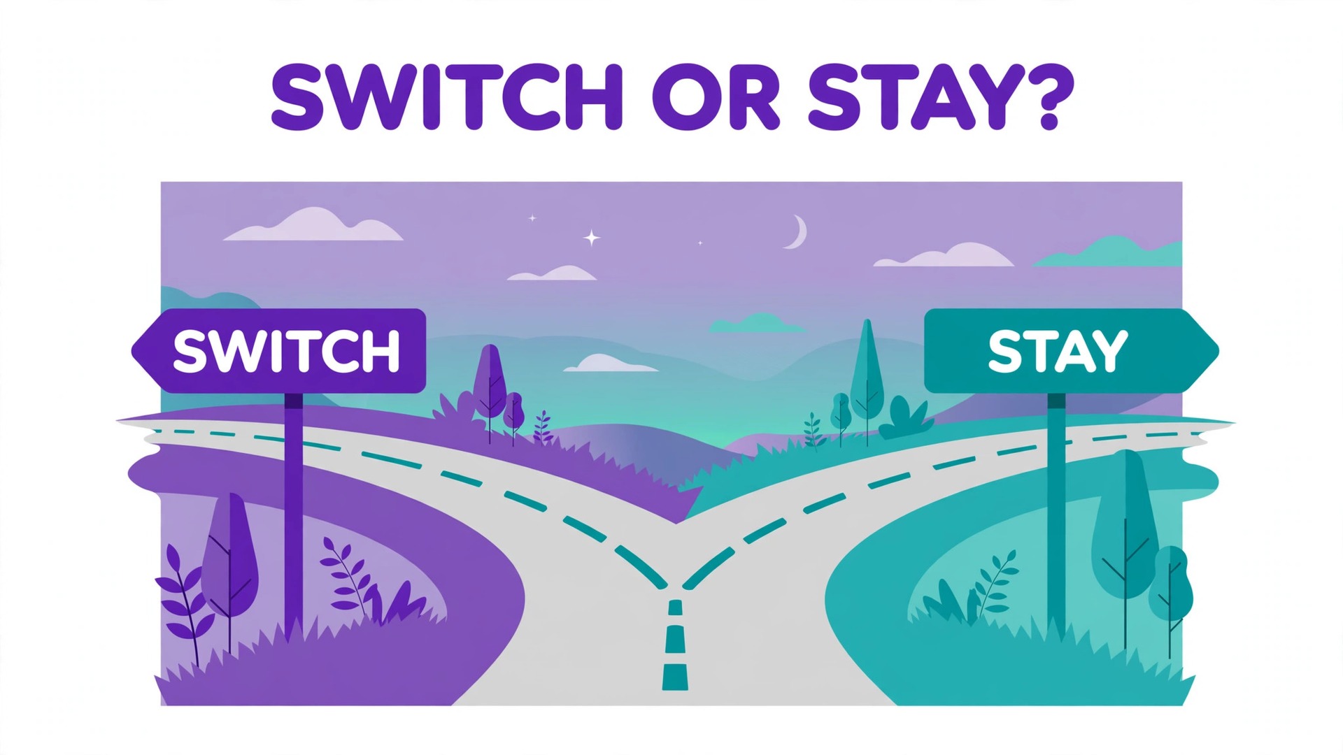 Decision concept. A forked road with a switch sign on one branch and a stay sign on the other