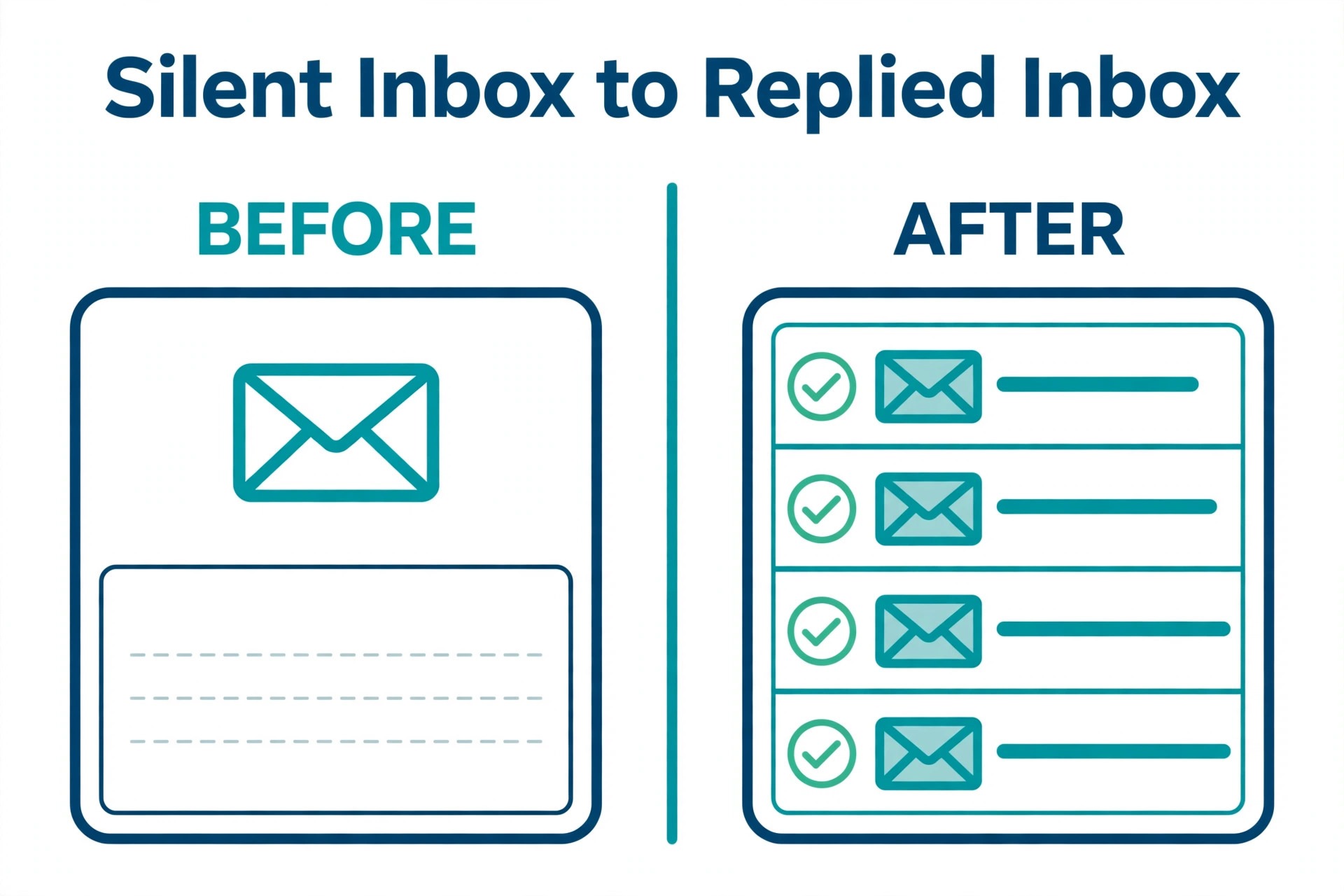 Before/after concept. A silent inbox beside a replied inbox after a follow up sequence
