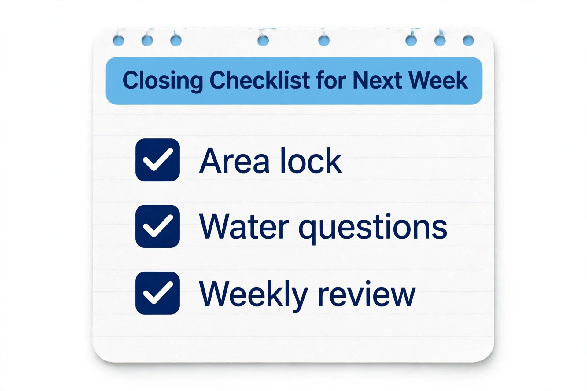 Checklist concept. A closing checklist page ticking area lock, water questions, and weekly review