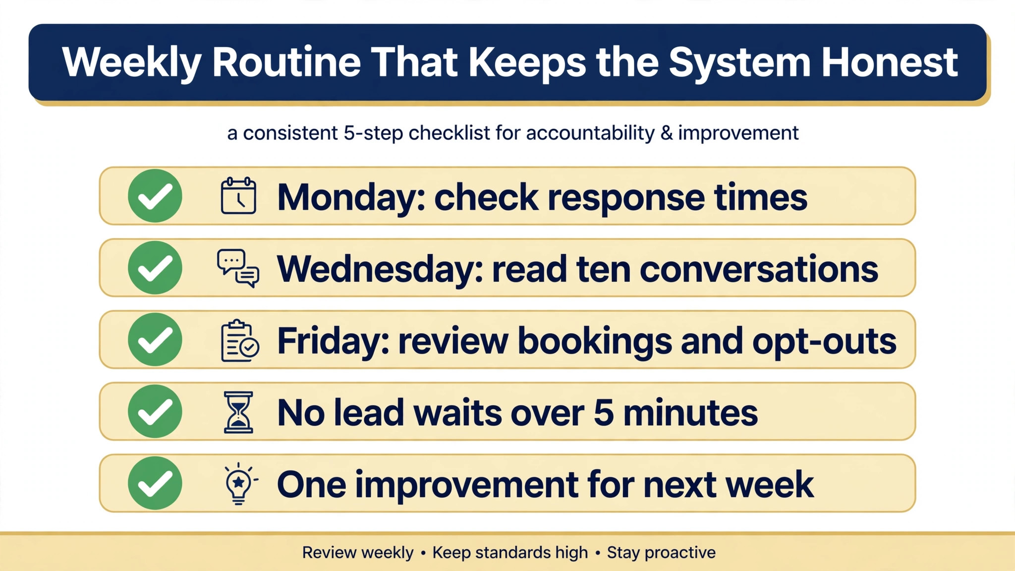 Weekly follow-up checklist.