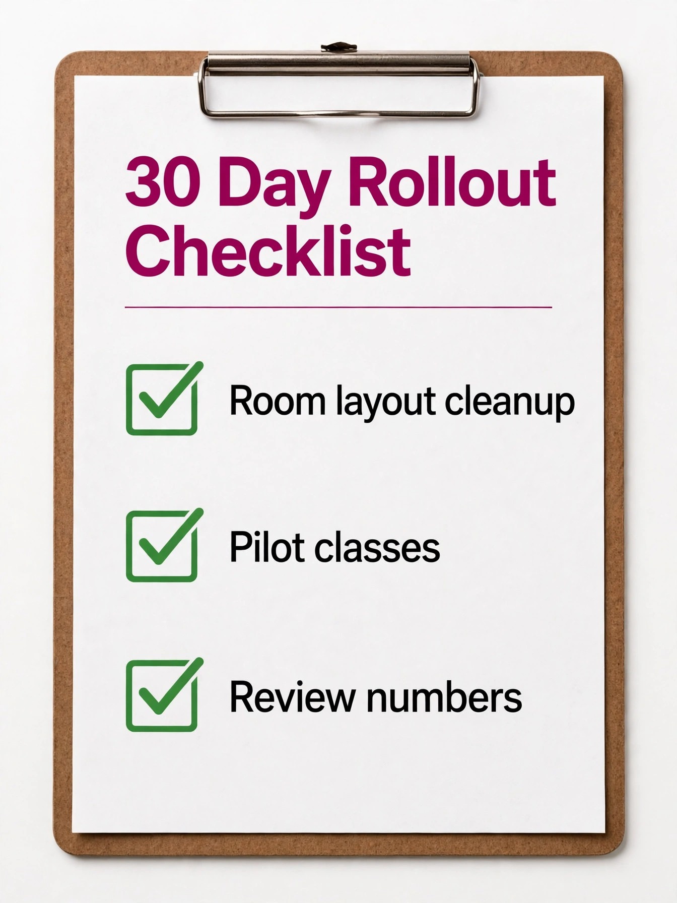 Checklist concept. A rollout checklist page ticking room layout cleanup, pilot classes, and review numbers