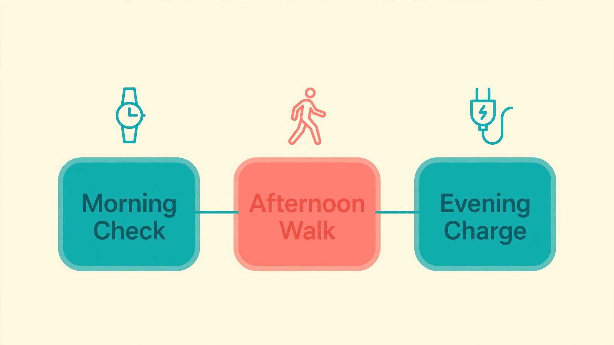 Daily timeline from a morning check through an afternoon walk to an evening charge