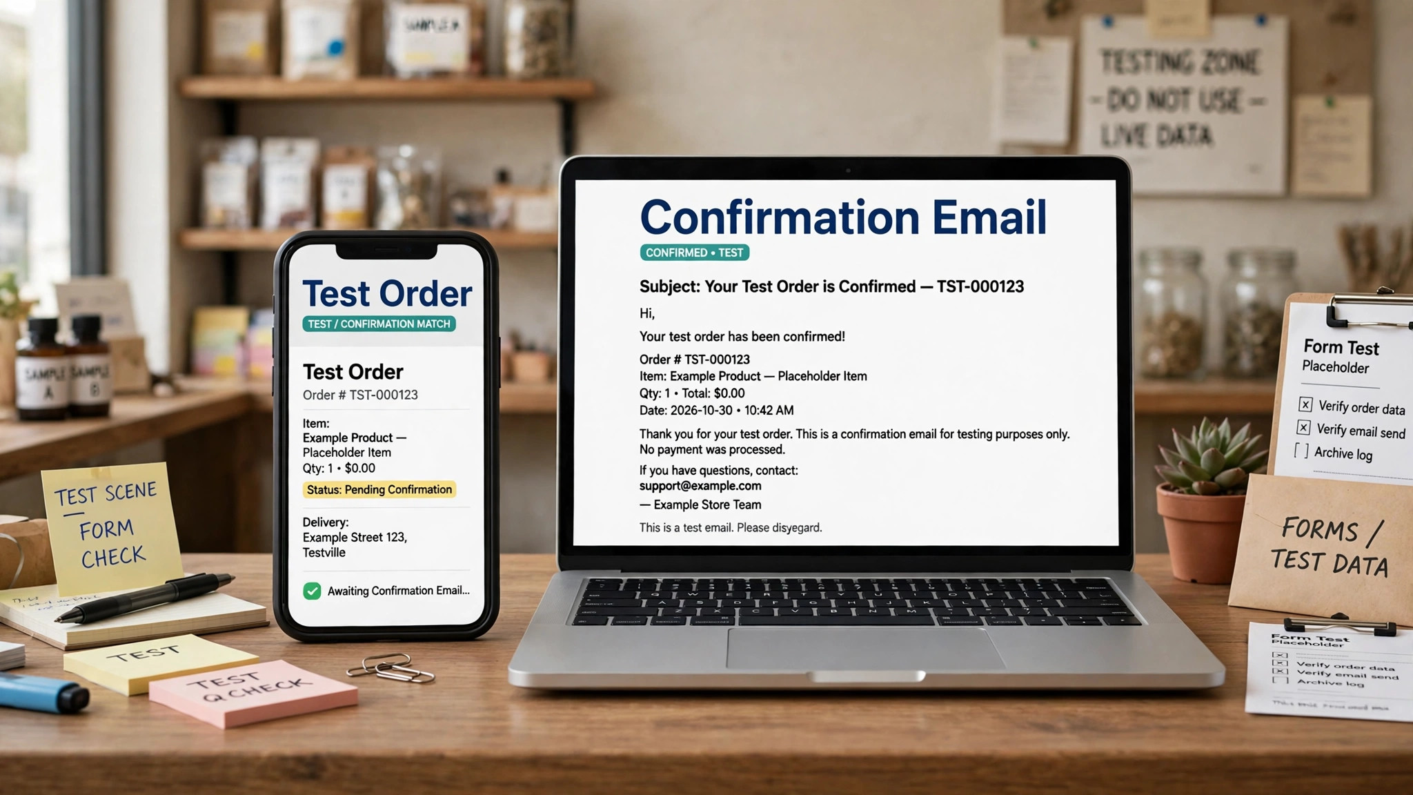Mockup concept. A phone and laptop showing matching test orders and confirmation mail