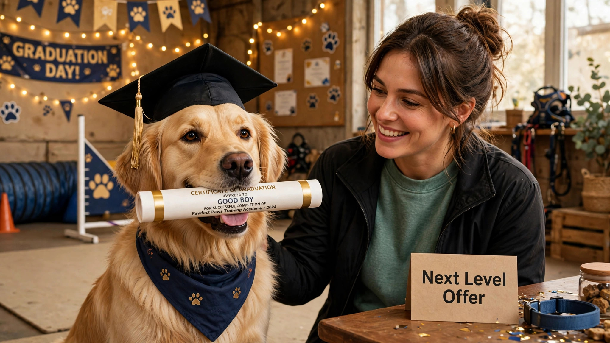 Screenshot concept. A graduation certificate and photo moment beside a next level offer card