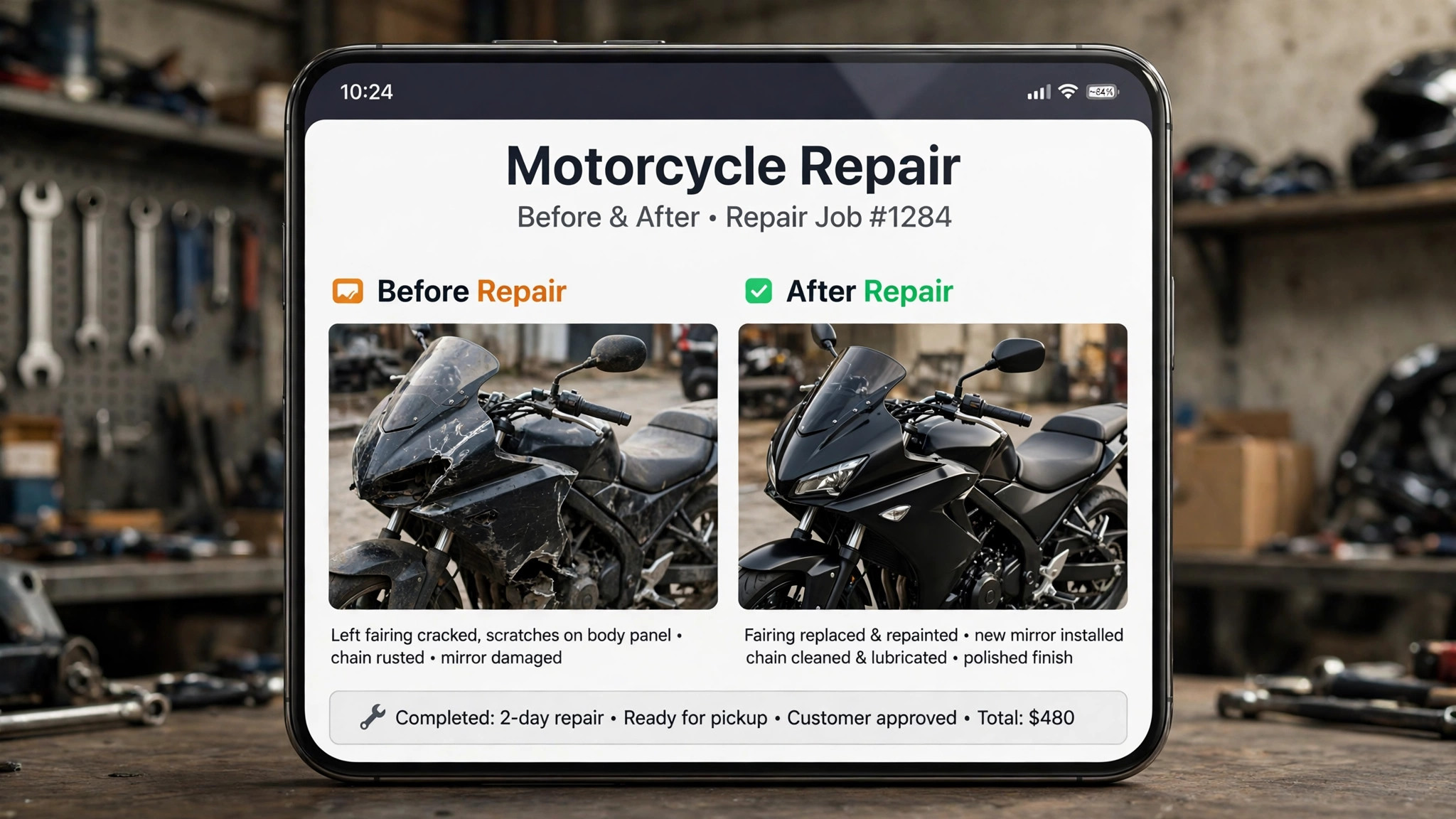 Screenshot concept. A phone showing captioned before and after repair photos