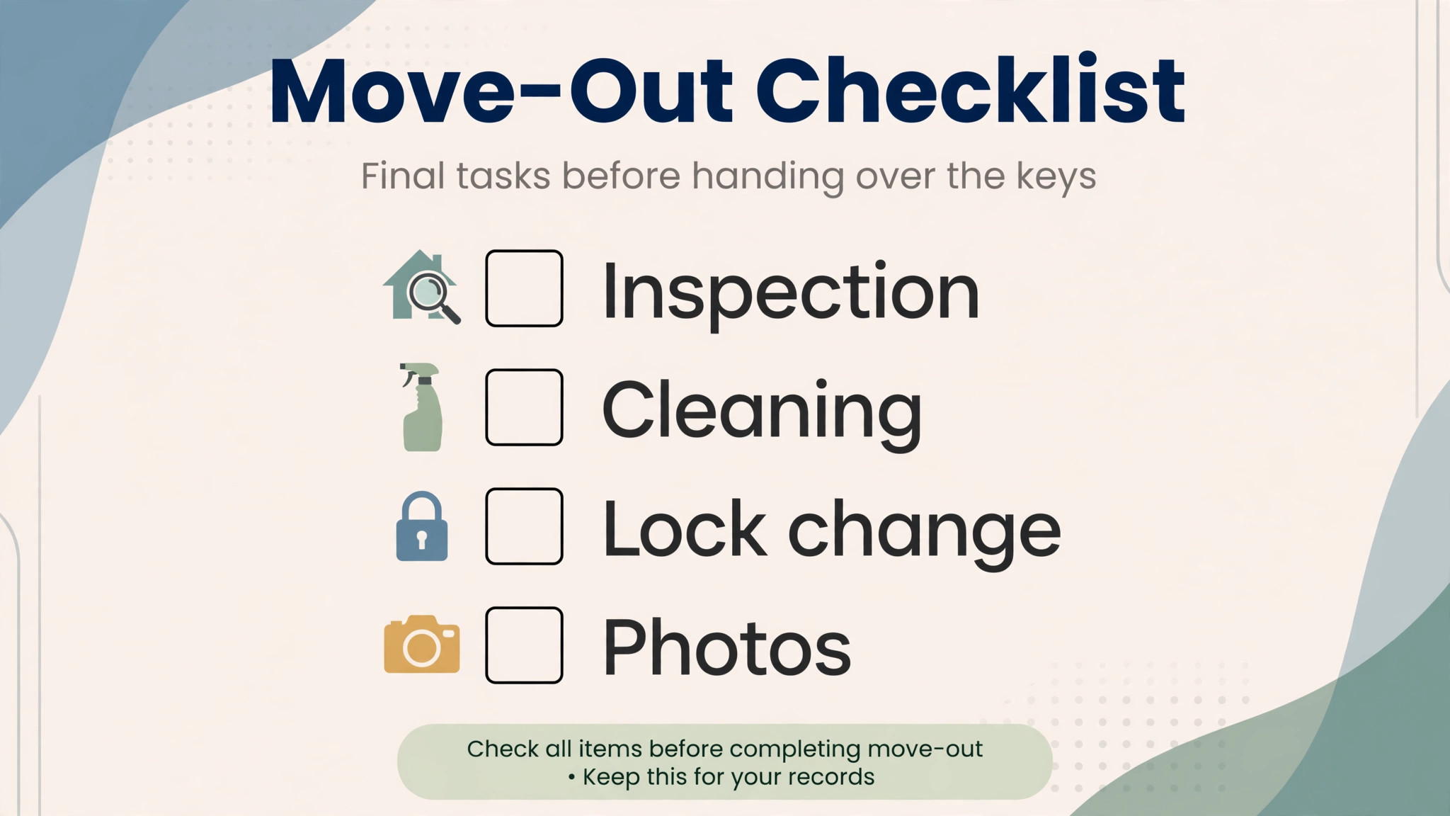 Checklist concept. A move out checklist page ticking inspection, cleaning, lock change, and photos