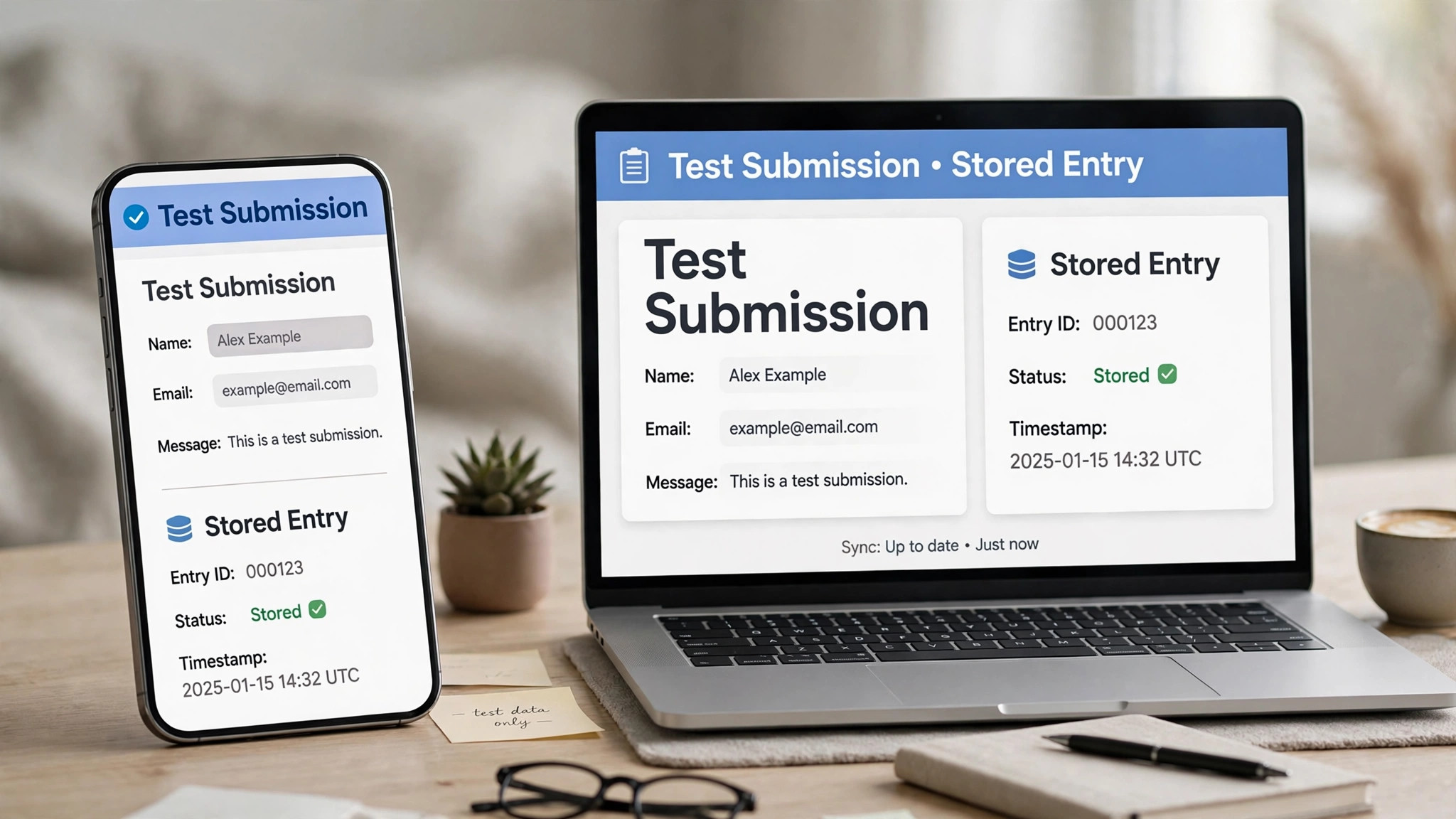 Mockup concept. A phone and laptop showing matching test submissions and stored entries