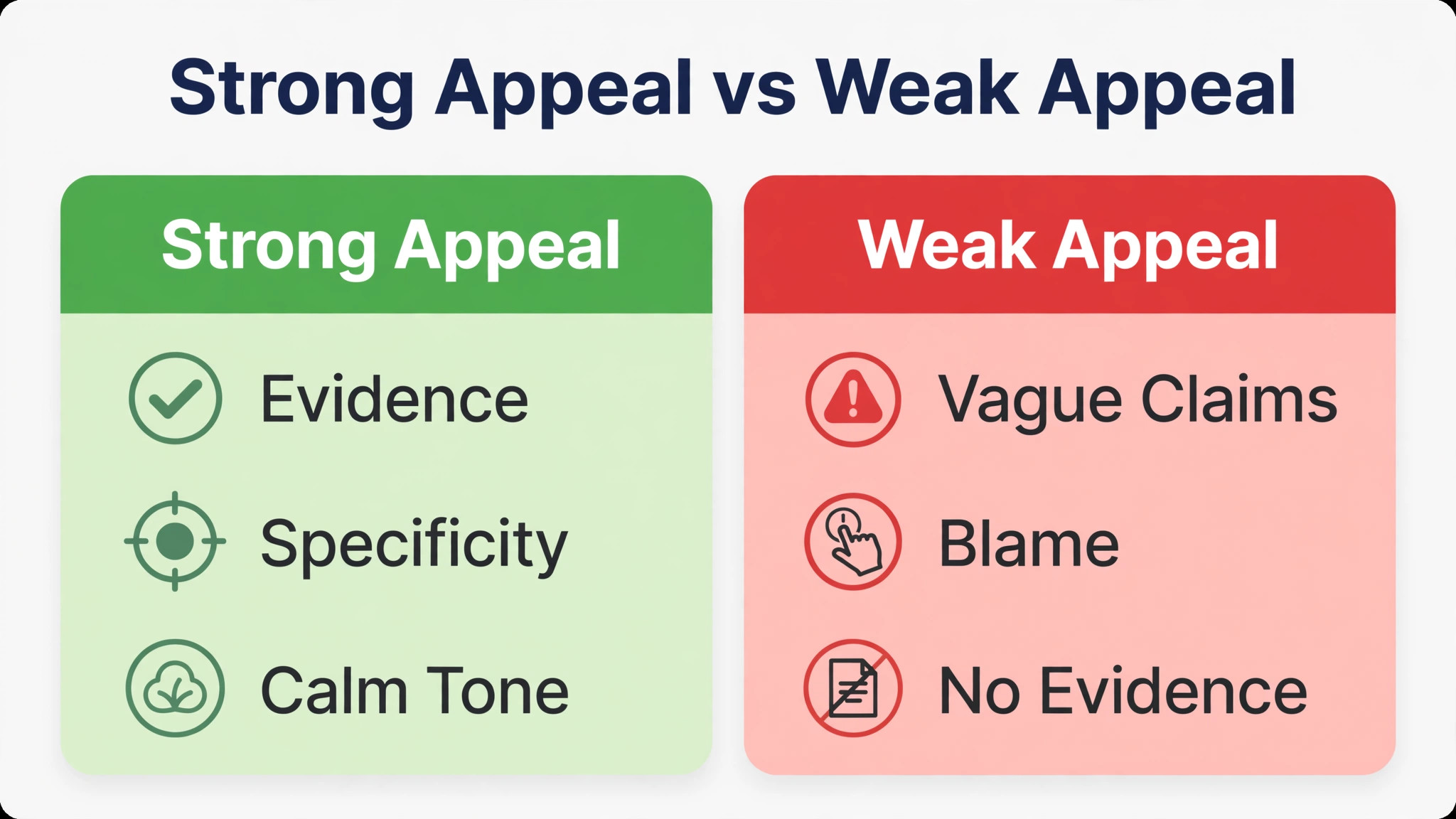 Comparison concept. A strong appeal versus a weak appeal comparison with evidence, specificity and tone contrasted