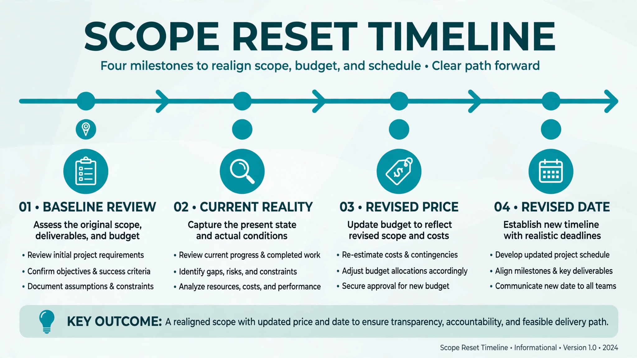 Timeline concept. A scope reset timeline from baseline review to revised date and price