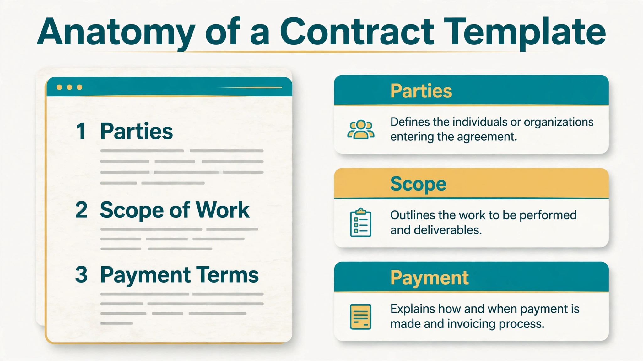 Annotated concept. A template page with margin notes explaining each clause