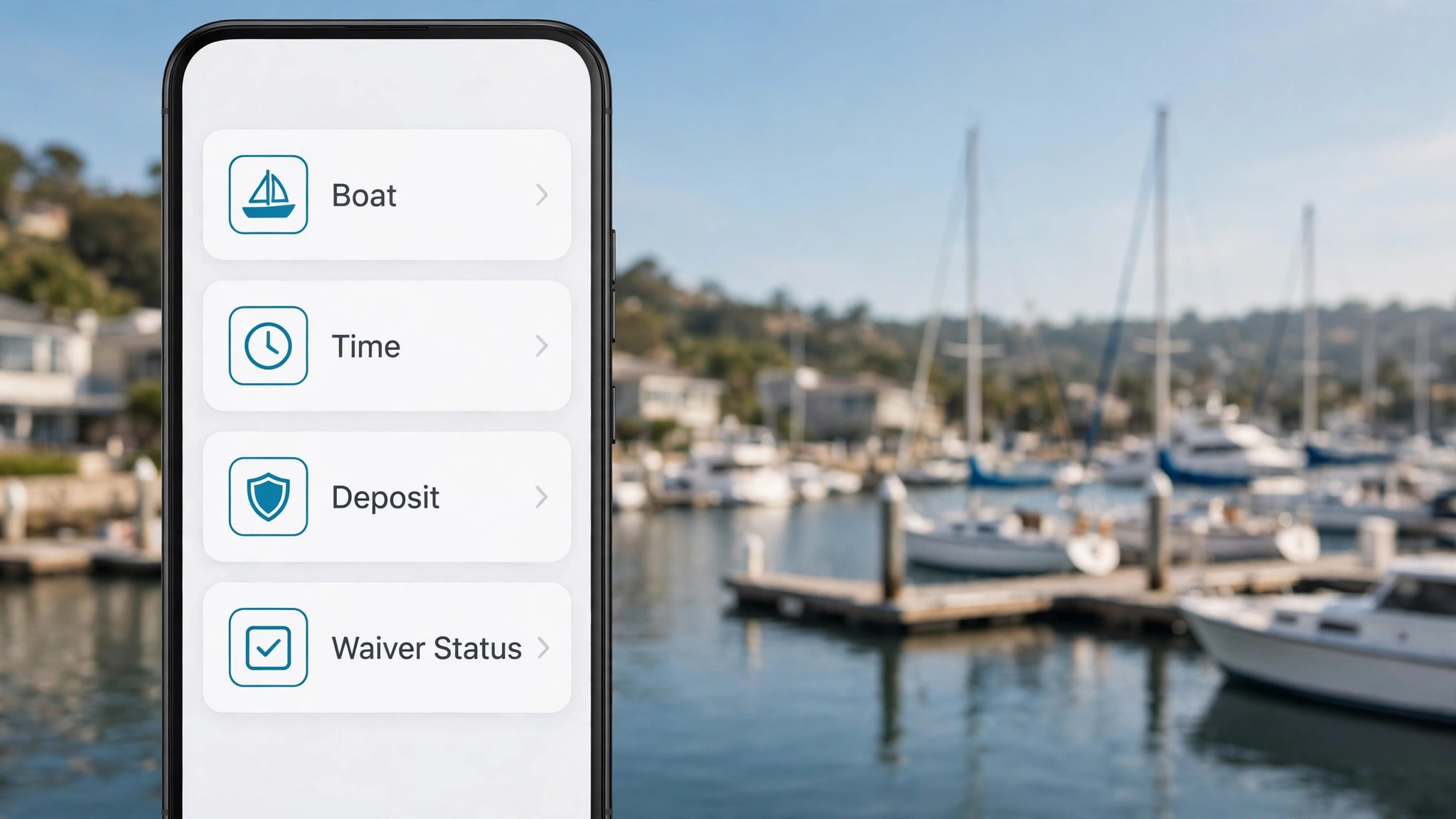 phone screen showing a renter booking card with boat, time, deposit, and waiver status.